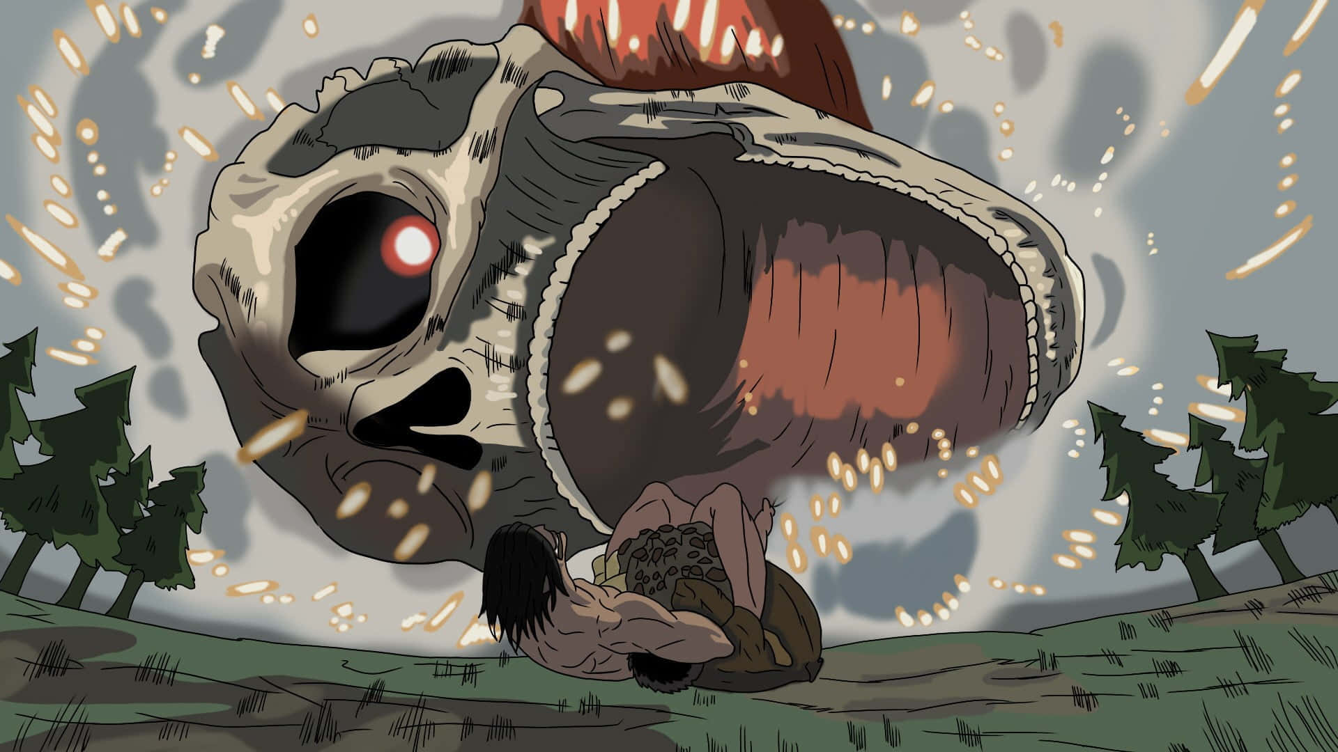 Attack On Titan Season 2 桌布 壁紙 — 一個巨大的泰坦頭骨，帶有發光的紅色眼睛，在森林空地上方俯視著一個小人影。
