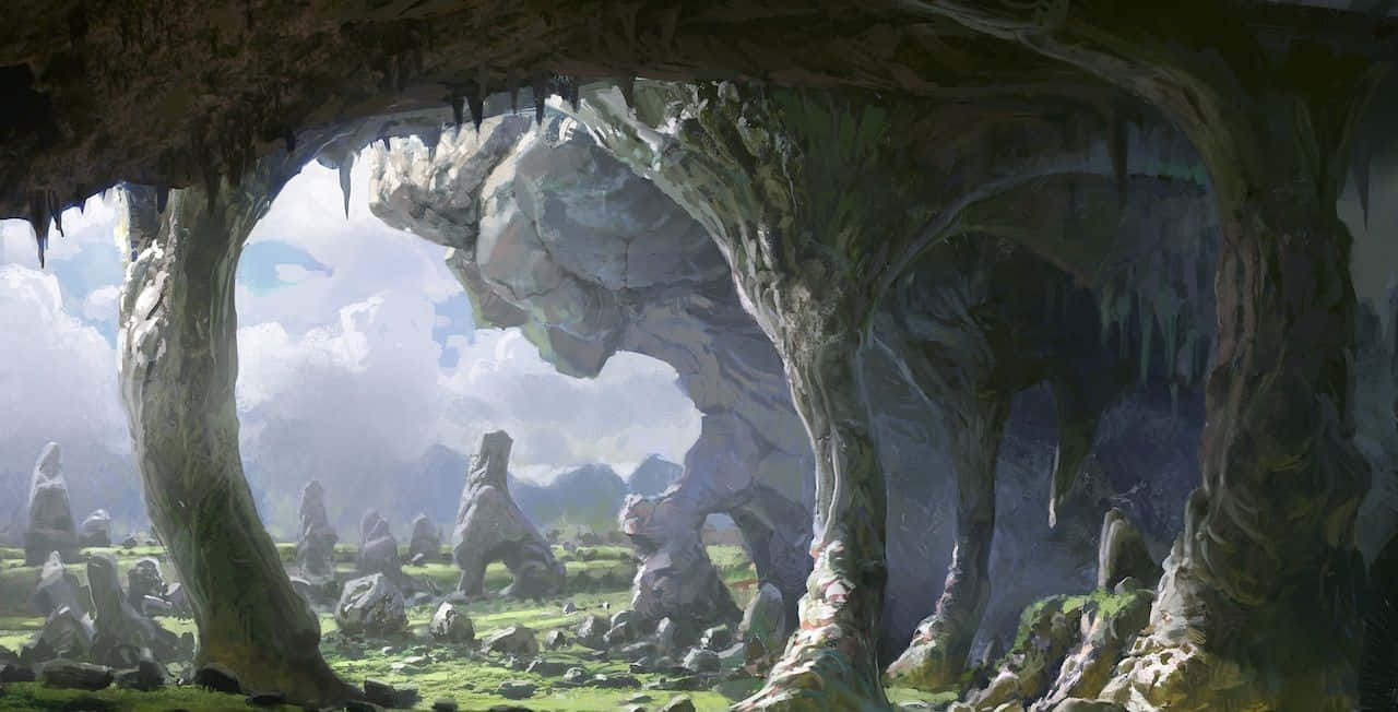 Game Art 桌布 壁紙 — 一個巨大的洞穴，長滿苔蘚的石筍和鐘乳石，框住了一個霧氣瀰漫的山谷，山谷中有鋸齒狀的岩石 formations，天空多雲。