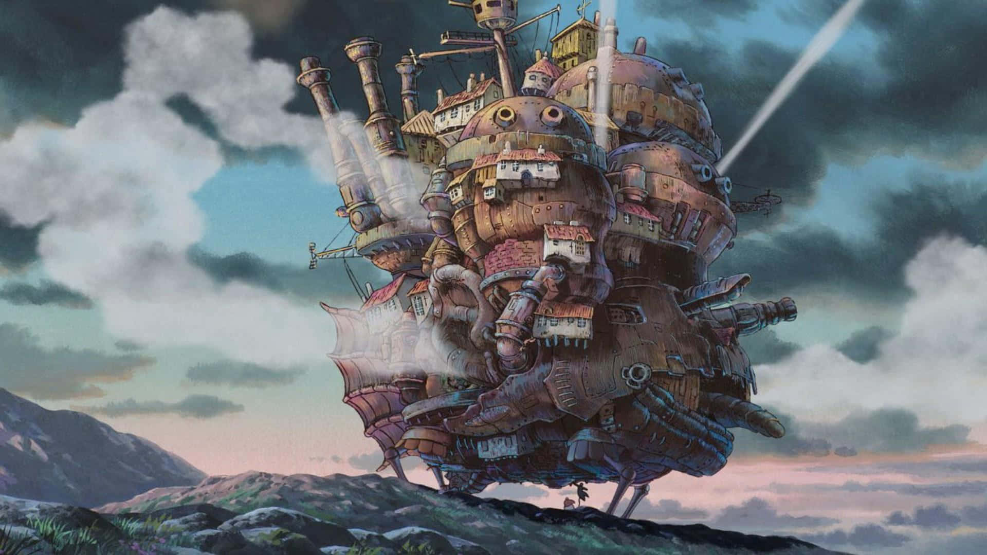 桌布 壁紙 — 一個巨大的浮空飛船城市，帶有複雜的機械細節，在戲劇性的暮色天空下盤旋在岩石景觀之上。