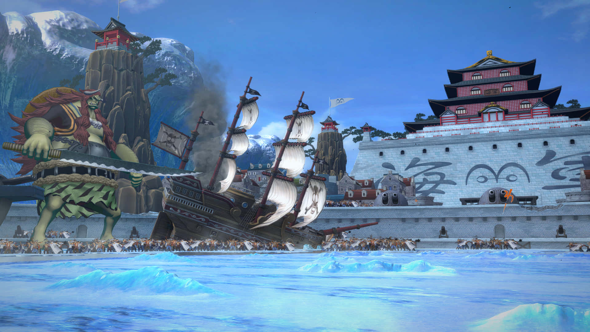 Marineford War 桌布 壁紙 — 一個巨大的海盜站在一艘失事船隻旁邊，前面是一座亞洲建築風格的堡壘，天空清澈湛藍。