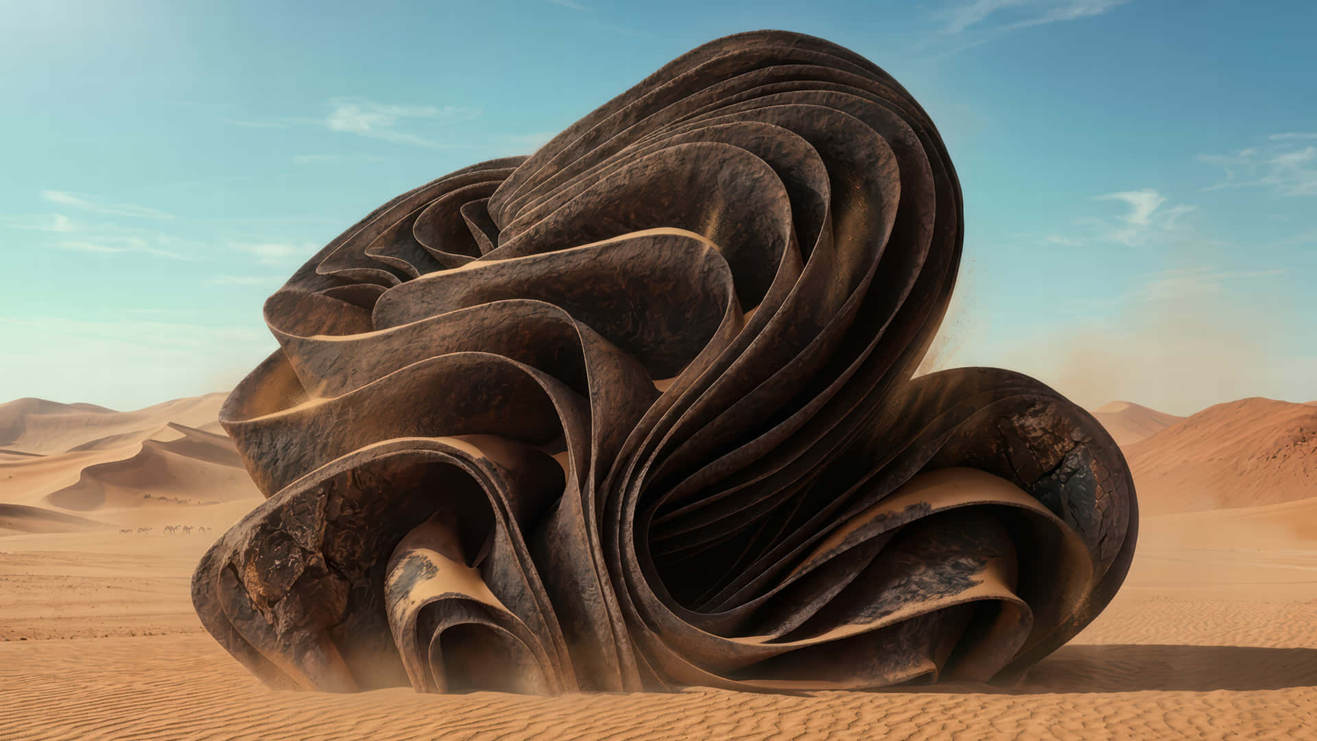 Rock bloom in the desert modded wallpaper for desktop Enhancement, 壁紙 — 一個巨大的漩渦狀棕色岩石構造從廣闊的沙漠中升起，在清澈的藍天下。