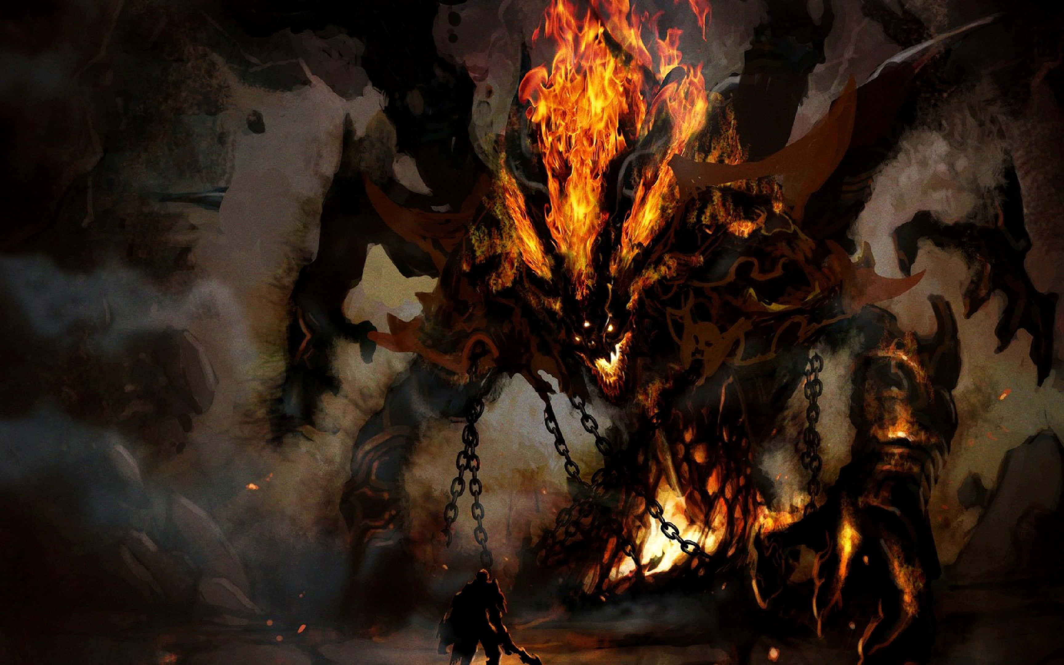 Shadow Fiend 桌布 壁紙 — 一個巨大的火焰惡魔，眼睛發光，鎖鏈纏繞，籠罩著煙霧洞穴中的一個小戰士。