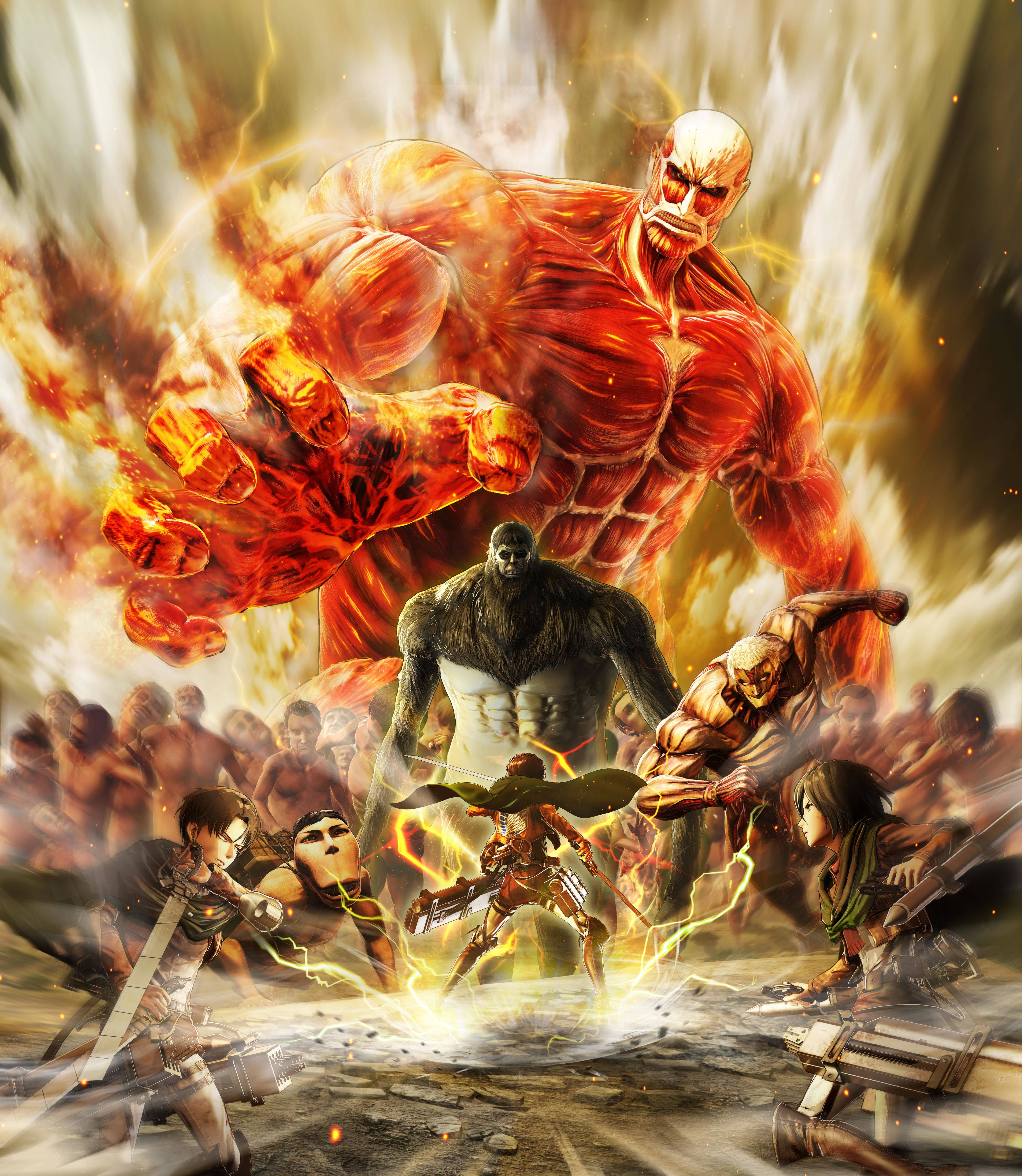 Aot 桌布 壁紙 — 一個巨大的火焰泰坦向前猛衝，而較小的泰坦和武裝戰士在混亂的戰鬥場景中交戰。