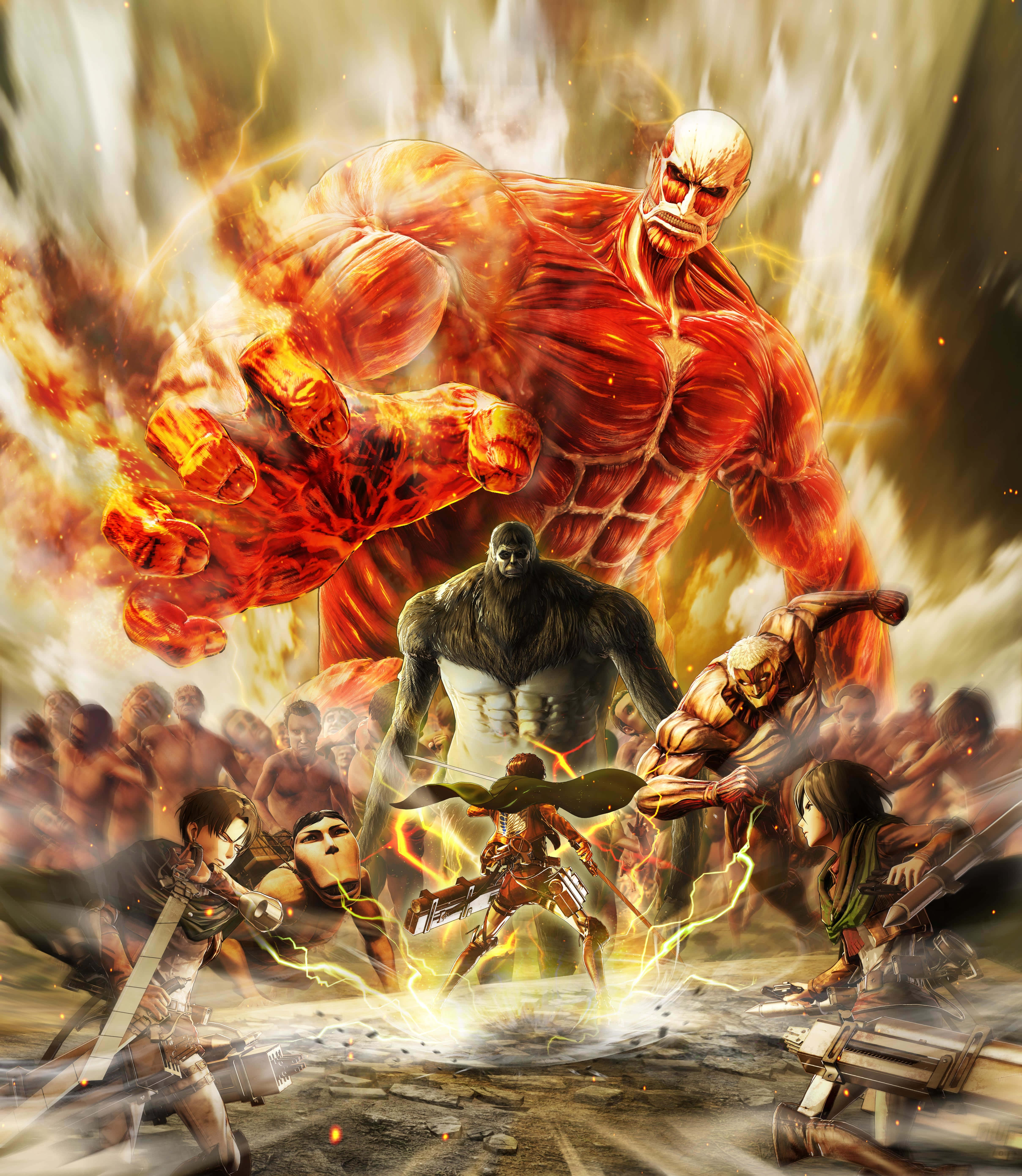 Great Titan War 桌布 壁紙 — 一個巨大的火焰泰坦聳立在戰場上，較小的泰坦和武裝戰士在爆炸性的戰鬥中交鋒。