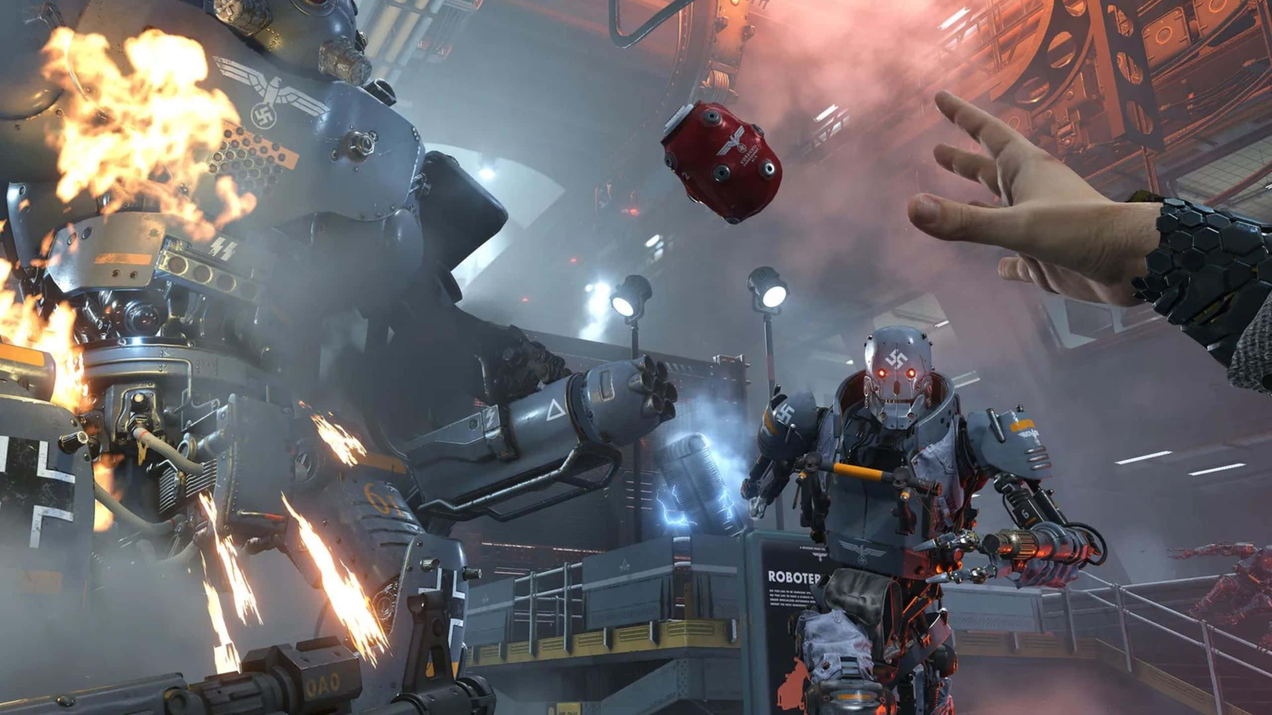 Wolfenstein Ii 桌布 壁紙 — 一個巨大的燃燒機器人聳立在一個較小的裝甲人物之上，同時一隻人類的手在煙霧瀰漫的工業環境中伸出。