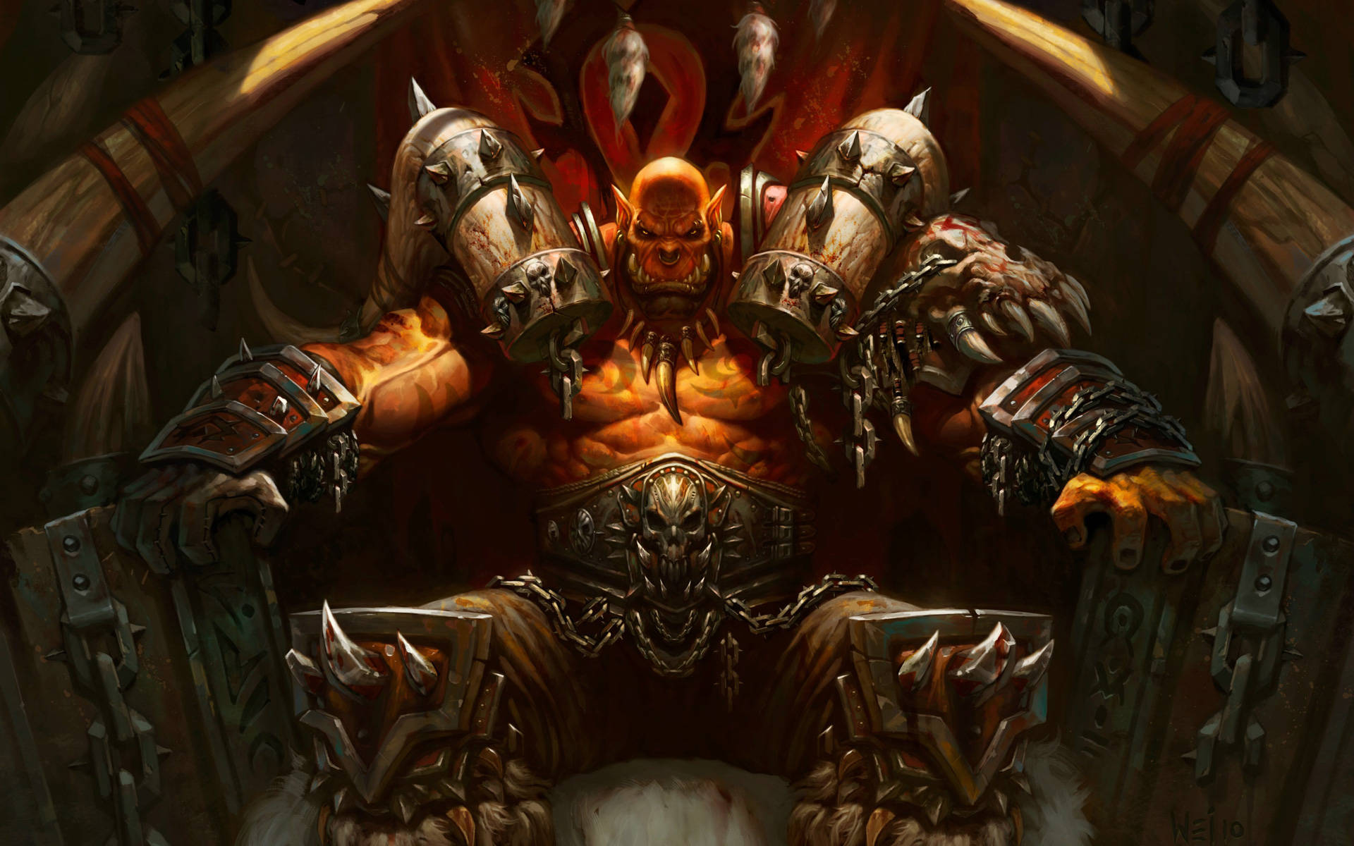Hearthstone 桌布 壁紙 — 一個巨大的獸人 warlord，發光的橙色皮膚，坐在一個黑暗洞穴般大廳的尖刺王座上。