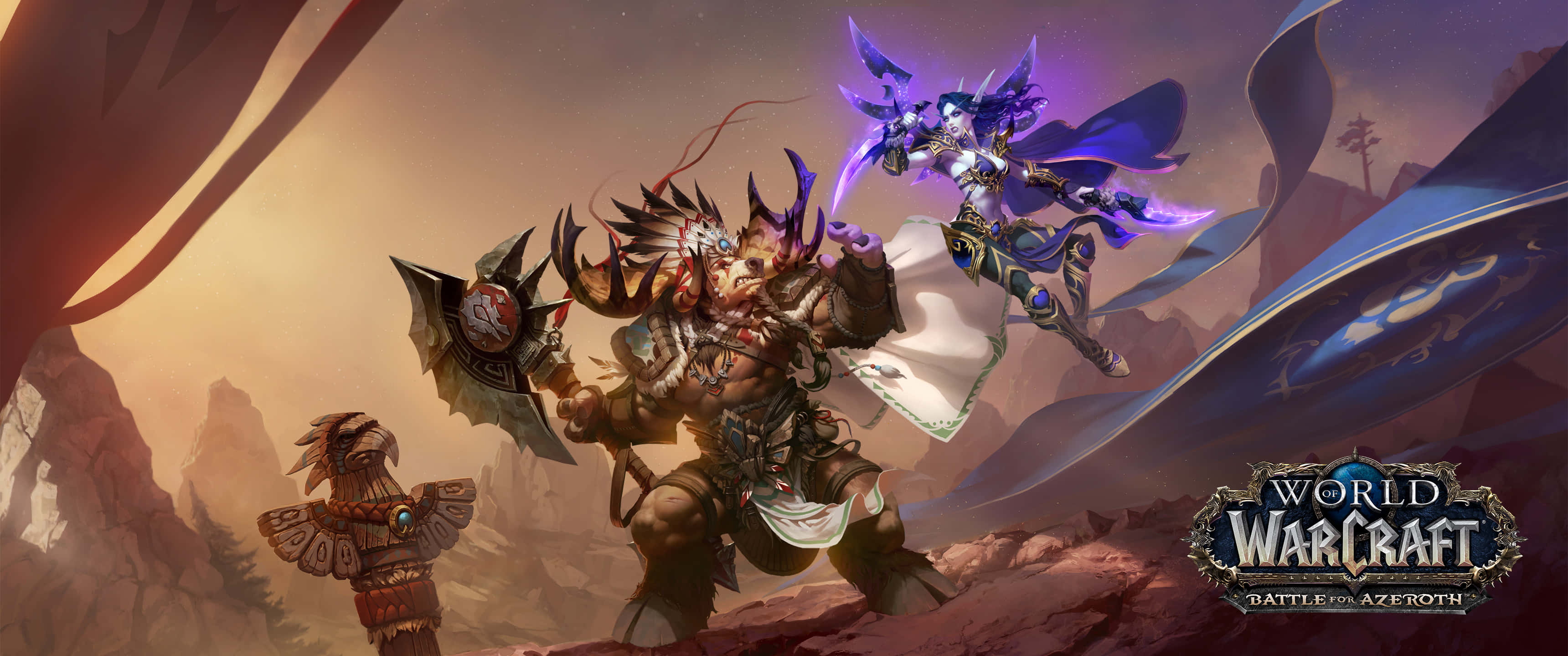 World Of Warcraft Shadowlands 桌布 壁紙 — 一個巨大的獸人戰士，身穿發光的紫色盔甲，騎著漂浮的幽靈坐騎，在戲劇性的天空下，挑釁地站在岩石沙漠景觀中。