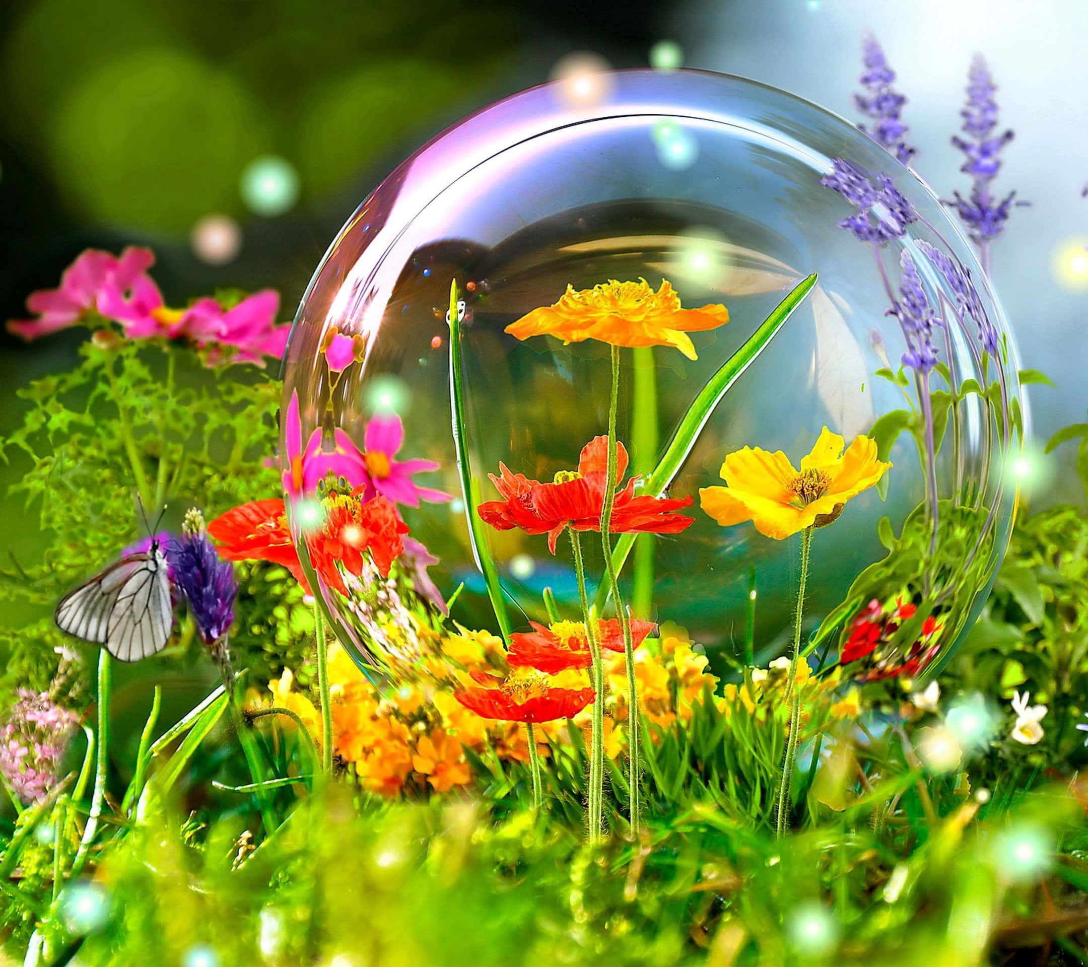 Nature Scenes 桌布 壁紙 — 一個巨大的玻璃泡泡在陽光明媚的草地上漂浮在鮮豔的野花和蝴蝶之間。
