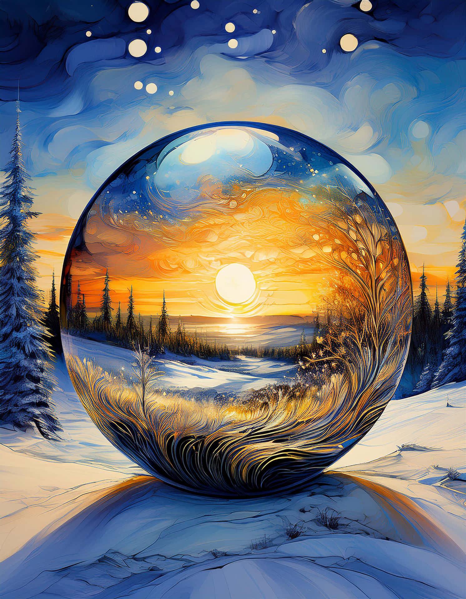 Sunset Magic in the Winter Sphere 壁紙 — 一個巨大的玻璃球體躺在雪地樹林中，反射出充滿活力的日落天空，上面有旋轉的雲彩和閃爍的星星。