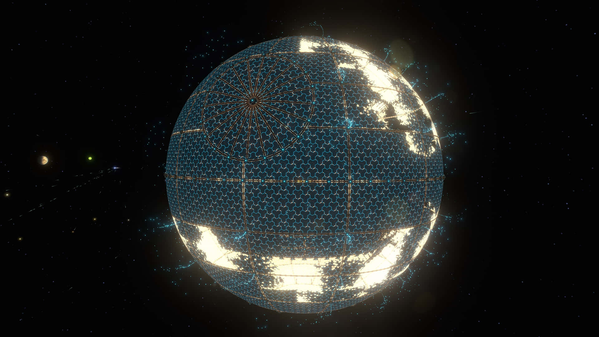 Death Star Ii 桌布 壁紙 — 一個巨大的球形死星，帶有發光的六邊形面板和複雜的網格線，漂浮在星空之中。