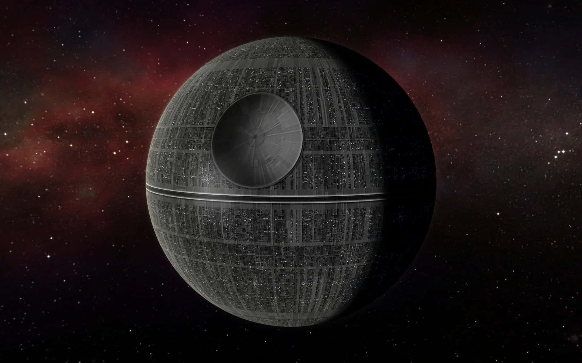 Death Star Ii 桌布 壁紙 — 一個巨大的球形死星在佈滿星星的宇宙背景下，伴隨著紅色星雲，赫然聳立。
