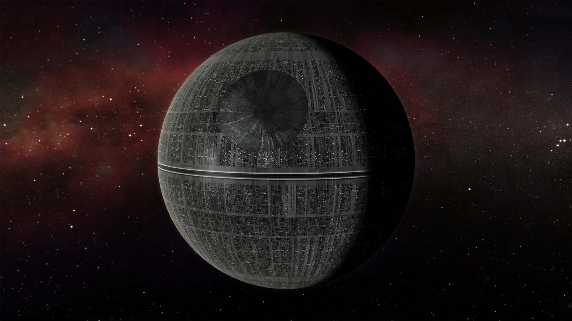 Death Star 桌布 壁紙 — 一個巨大的球形死星在深空中，以紅色星雲和遙遠的星星為背景。