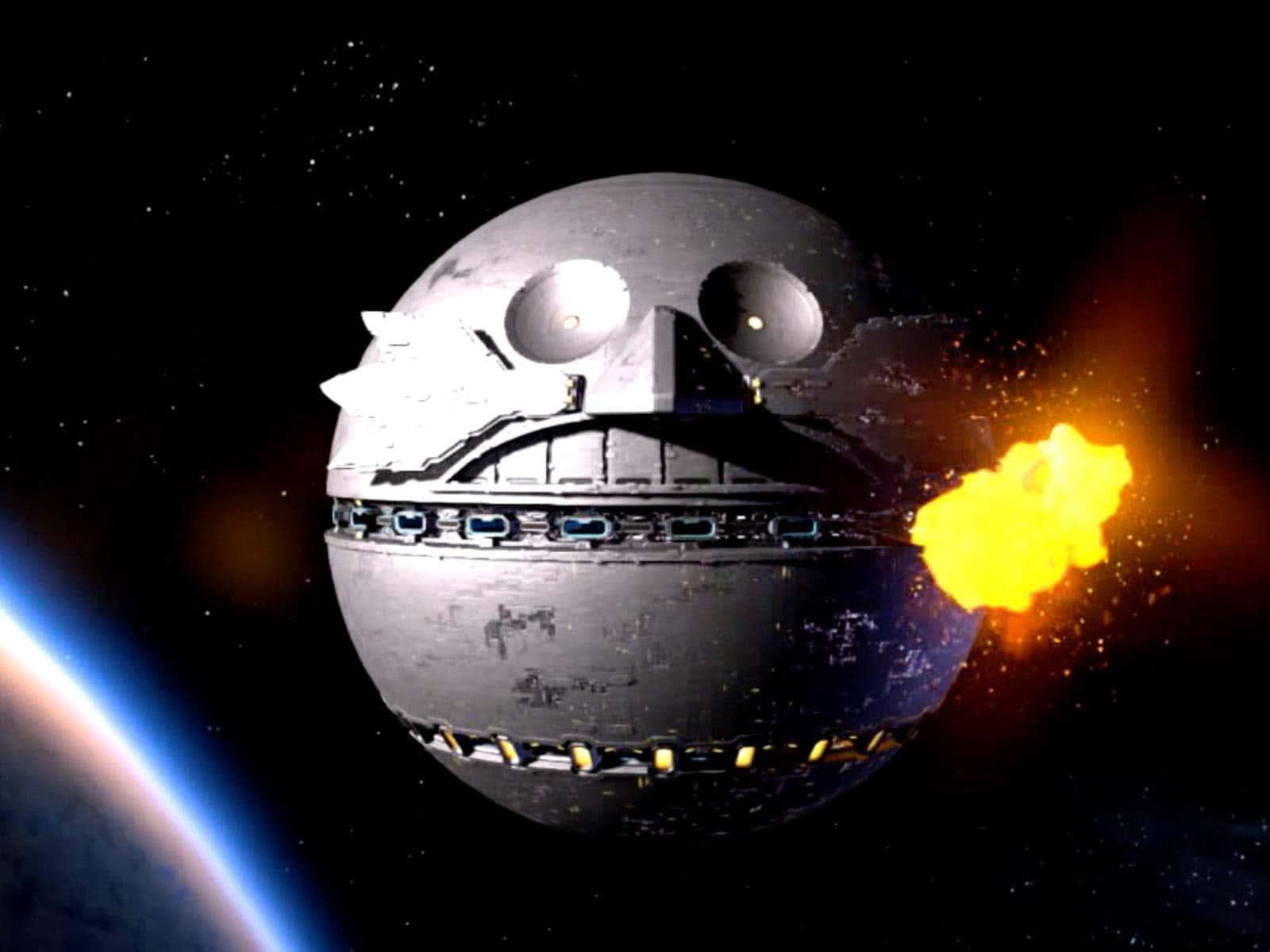 Death Egg 桌布 壁紙 — 一個巨大的球形死星太空船在星空背景下，對著行星的彎曲地平線發射明亮的橙色激光。