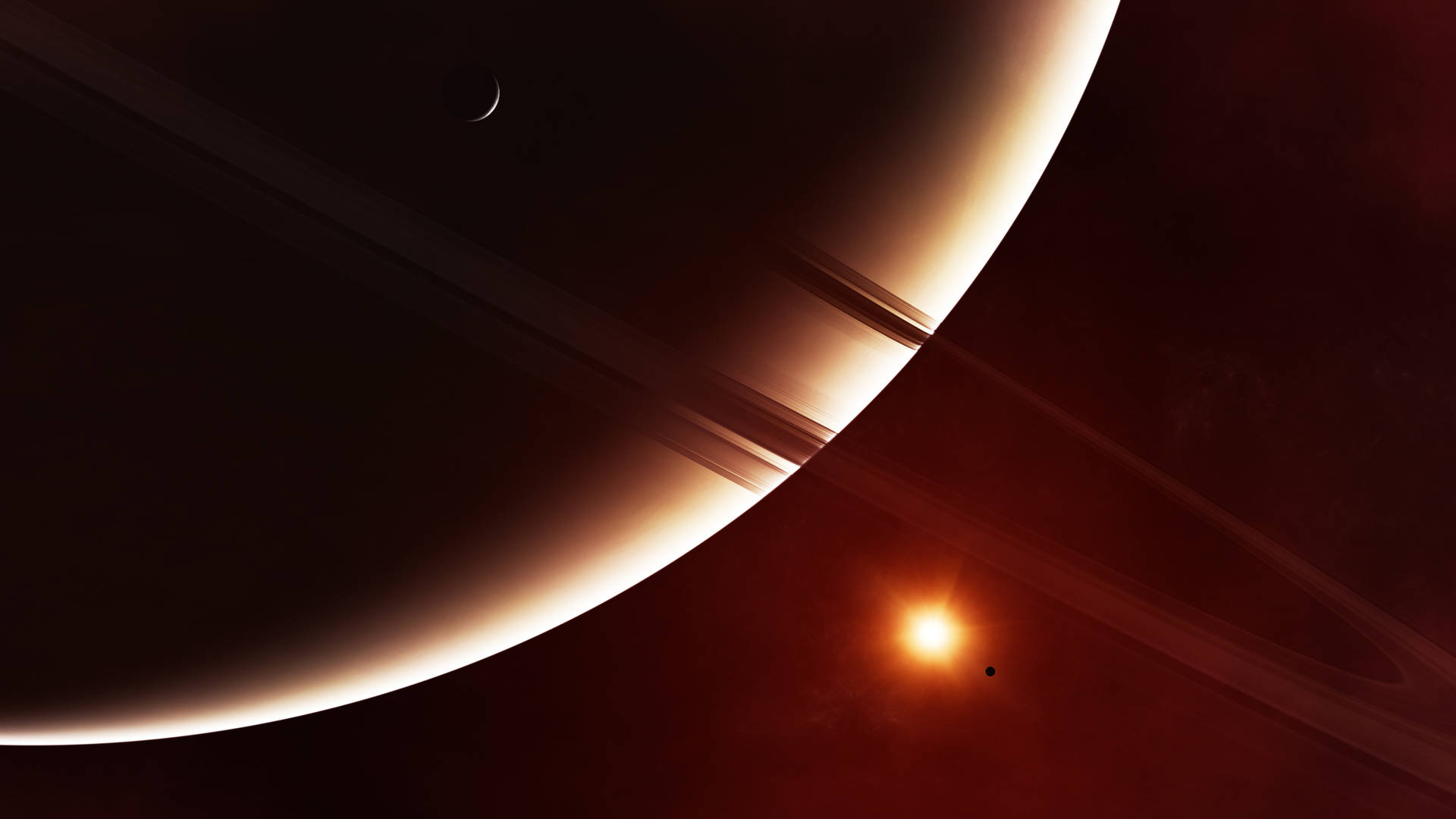 一顆巨大的環狀行星，帶有發光的邊緣和宇宙背景中的明亮恆星。 — 太陽 GIF 壁紙