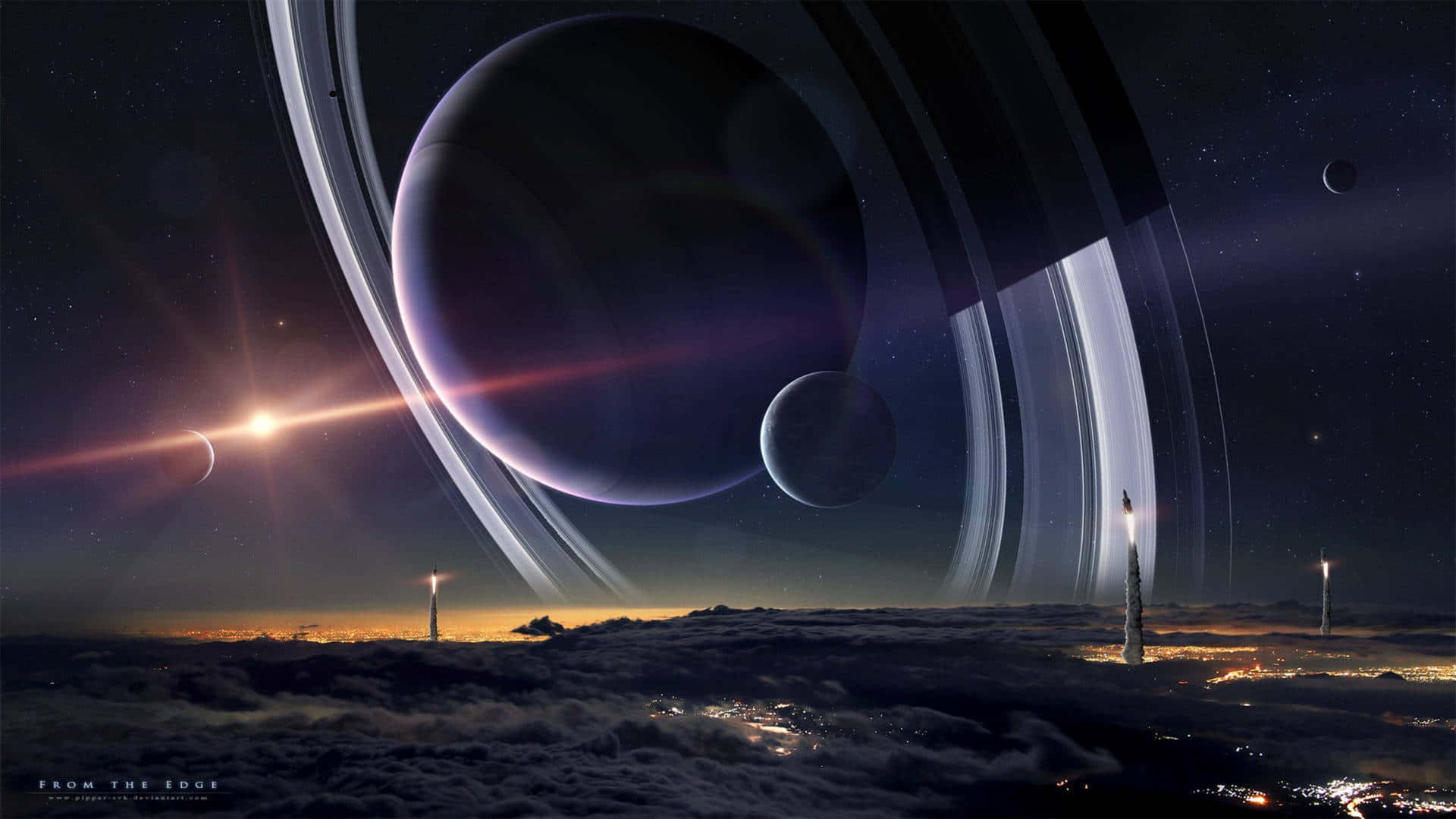 土星 桌布 壁紙 — 一個巨大的環狀行星籠罩在雲海之上，發光的塔樓在星空下刺破地平線。