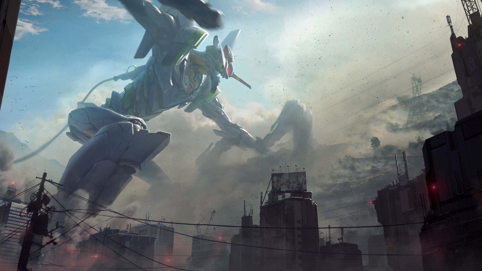 evangelion 4K 桌布 壁紙 — 一個巨大的生物機械機器人在煙霧瀰漫的城市天空中翱翔，越過搖搖欲墜的摩天大樓和電線。