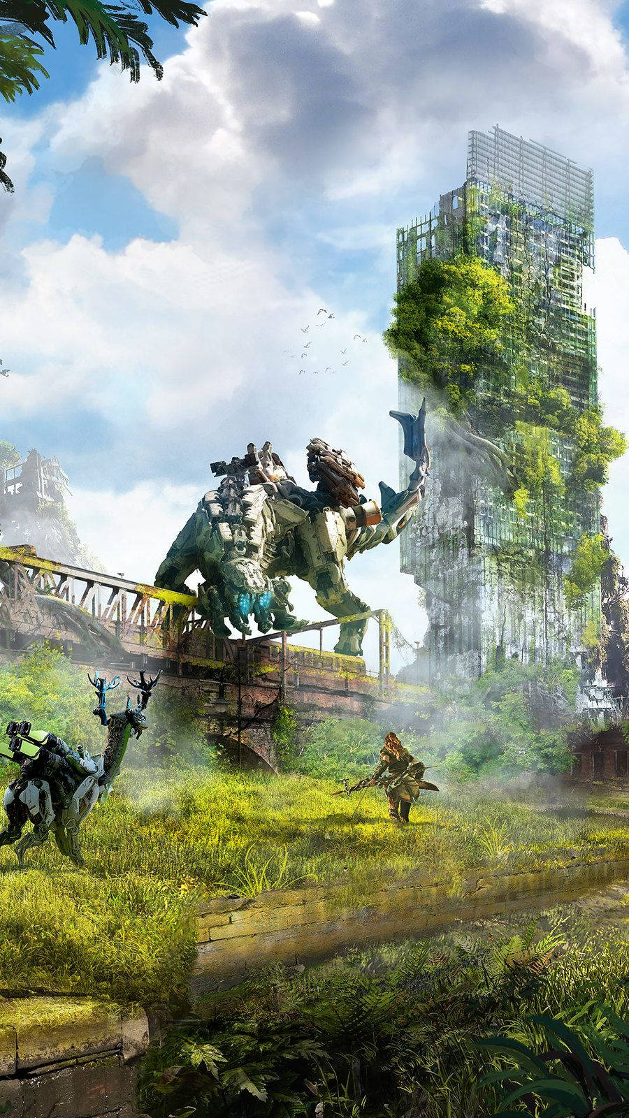 Horizon 桌布 壁紙 — 一個巨大的生物機械生物站在橋上，而一個孤獨的戰士在雜草叢生的廢墟和被大自然半吞噬的摩天大樓中與它對峙。