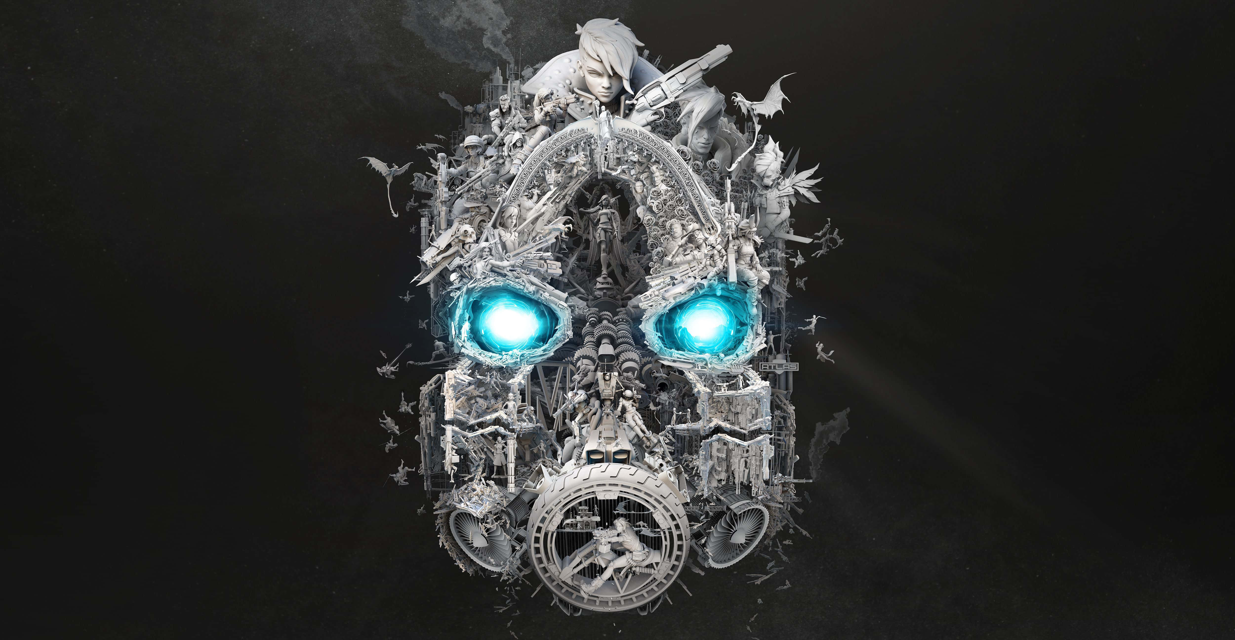 Borderlands 3 桌布 壁紙 — 一個巨大的生物機械頭骨，帶有發光的藍色眼睛和複雜的機械細節，背景是黑暗虛空。