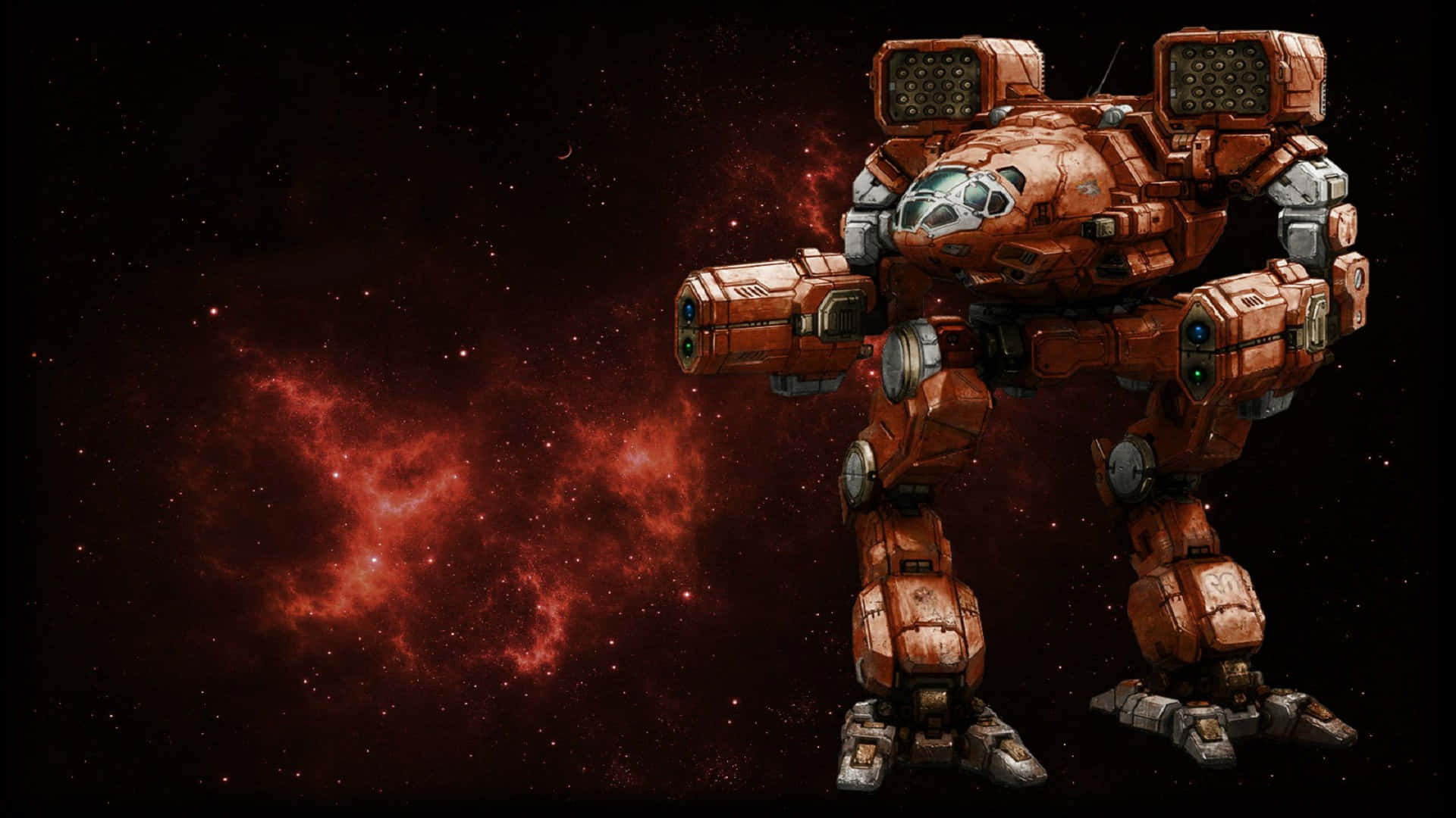 Battletech 桌布 壁紙 — 一個巨大的生鏽機甲站在深空中，背景是發光的紅色星雲。