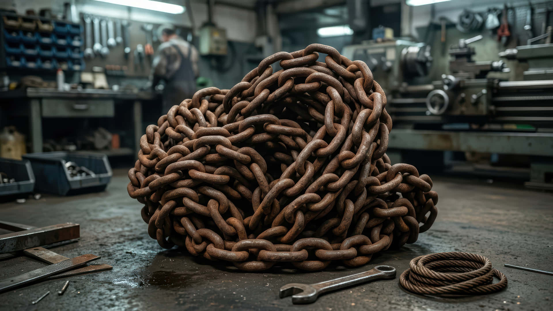 Rusty chain Bloom modded wallpaper for desktop Enhancement, 壁紙 — 一個巨大的生鏽鏈條線圈主導了雜亂的工業車間地板，旁邊有一個扳手和盤繞的繩索。