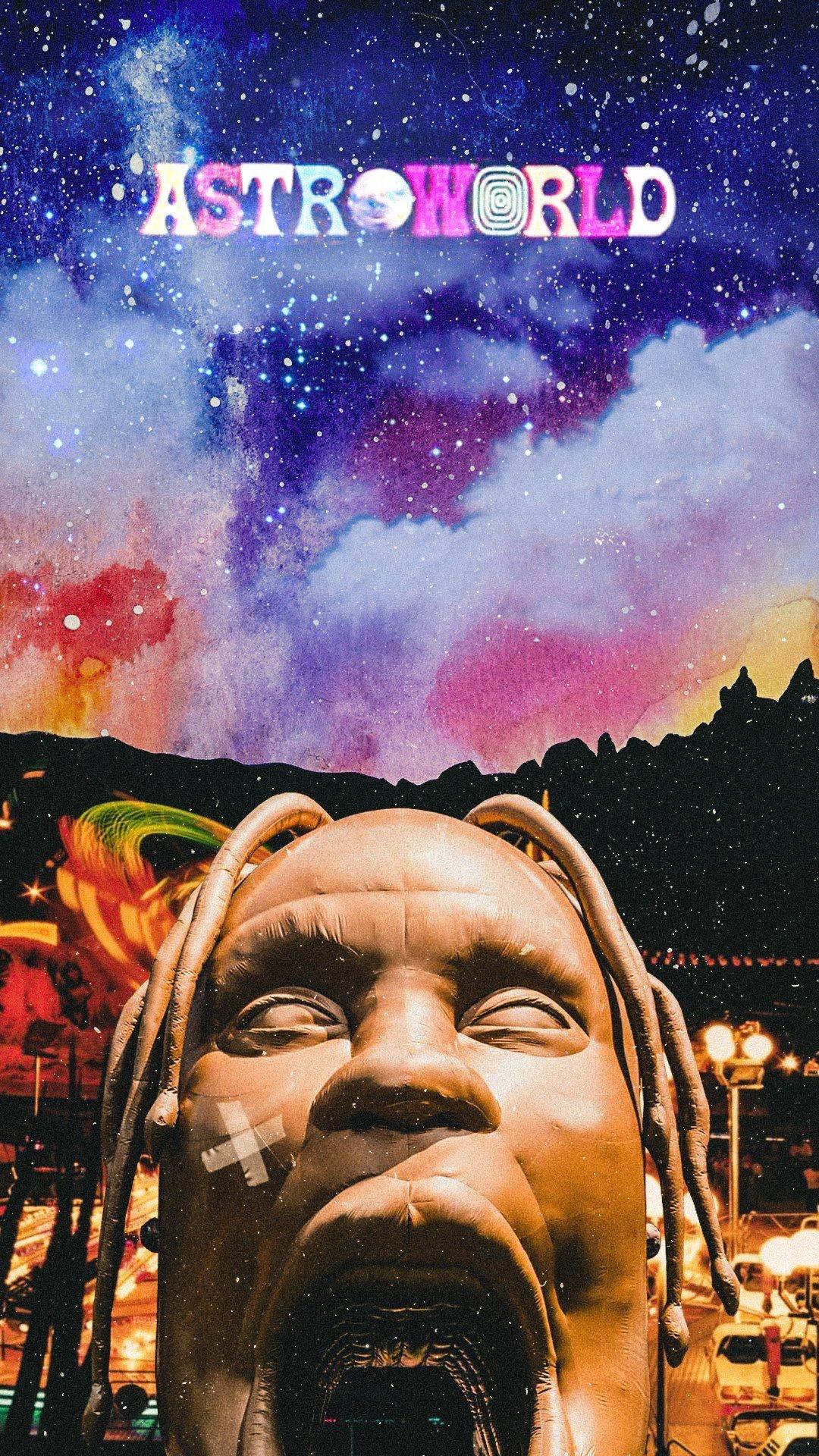 崔維斯·史考特 桌布 壁紙 — 一個巨大的男人雕像，梳著辮子頭，臉頰上貼著繃帶，在充滿活力的宇宙天空下向上凝視，上方閃耀著「ASTROWORLD」這個詞。