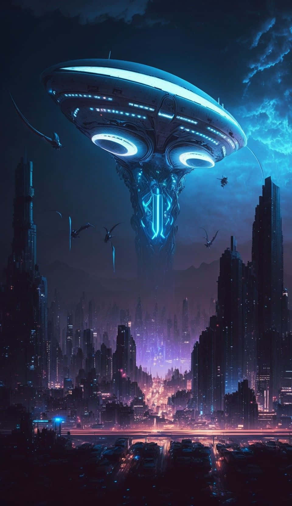 Gaming AI 桌布 壁紙 — 一個巨大的發光UFO在夜晚懸浮於充滿霓虹燈和飛行車輛的未來城市景觀之上。