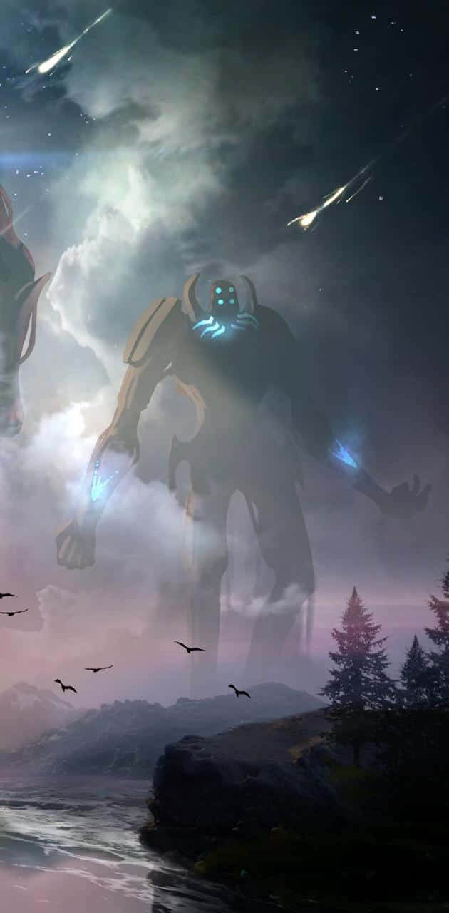 Celestials 桌布 壁紙 — 一個巨大的發光人形身影從霧氣籠罩的森林海岸線上的暴風雲中出現，流星劃過暮色天空。