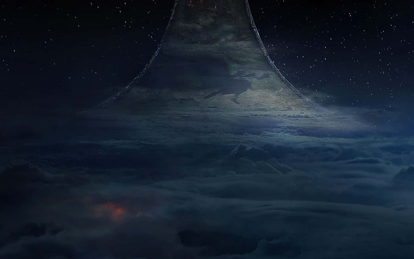 天堂 桌布 壁紙 — 一個巨大的發光外星結構穿過暴風雲層，在繁星點點的夜空下，遠處有火光閃爍。
