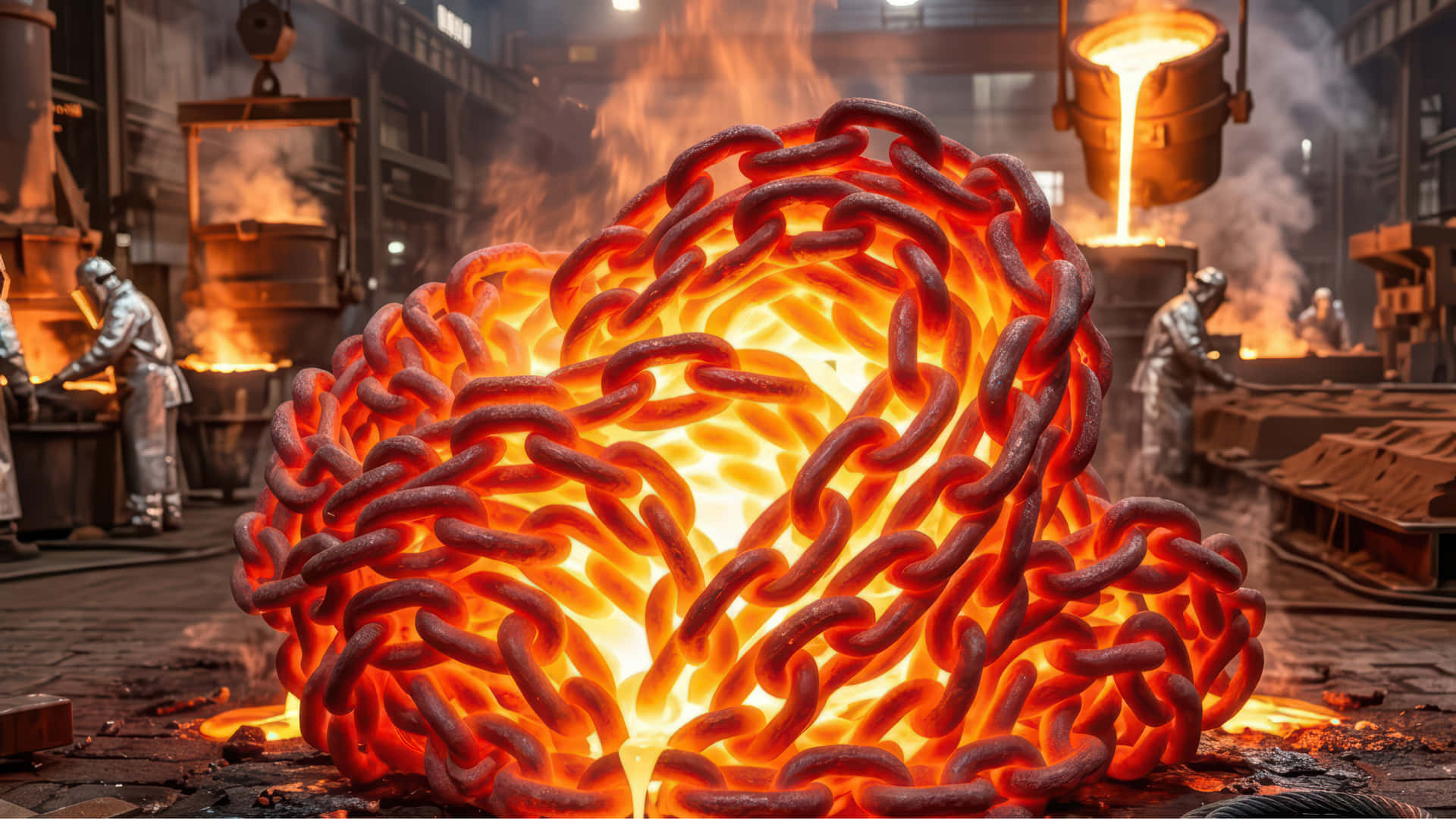 Red hot chain Bloom in a foundry modded wallpaper for desktop Enhancement, 壁紙 — 一個巨大的發光橙色鏈球在鋼鐵廠中悶燒，背景中穿著防護裝備的工人正在操作機械。