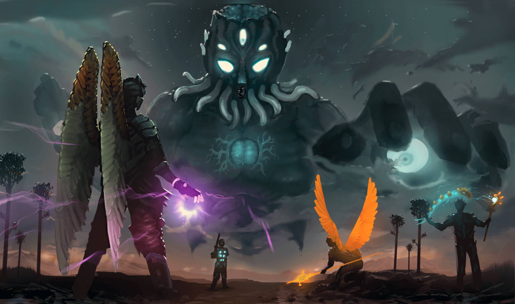 Terraria Moon Lord 桌布 壁紙 — 一個巨大的發光眼睛的宇宙恐怖生物，在暮色外星景觀中，籠罩著擁有翅膀和發光武器的戰士。