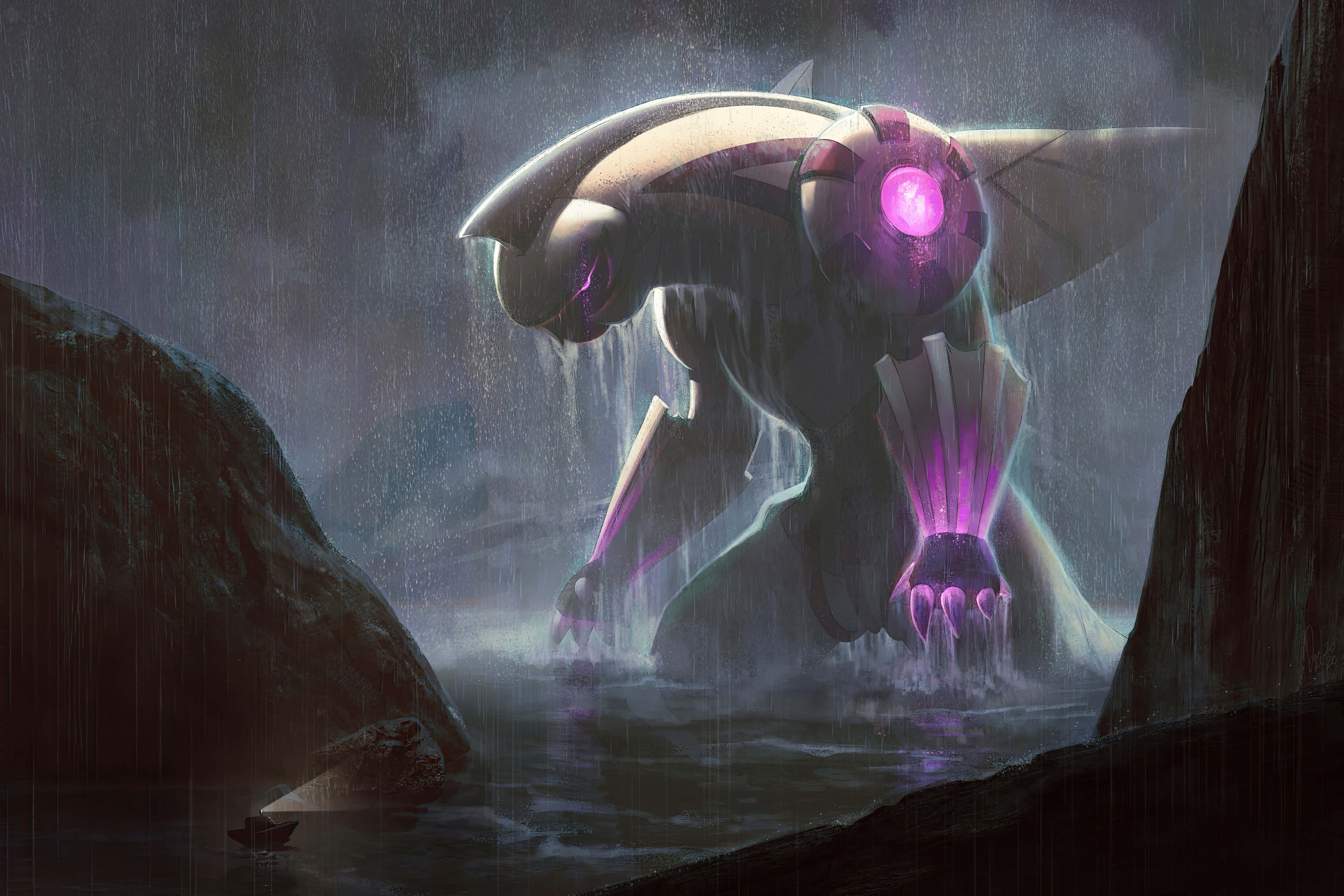 Pokemon Fan Art 桌布 壁紙 — 一個巨大的發光紫色生物在暴雨中從黑暗懸崖之間的波濤洶湧的海水中出現。