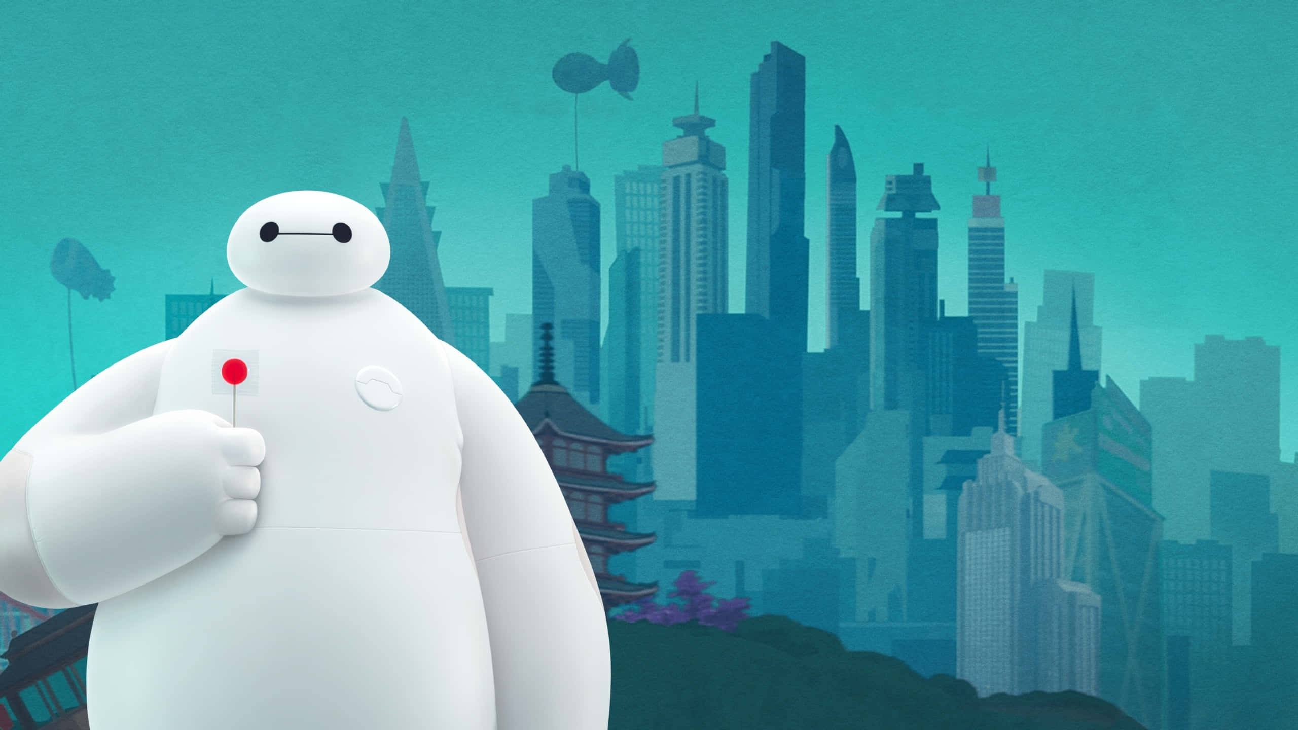 Disney Character 桌布 壁紙 — 一個巨大的白色充氣機器人站在一個青綠色的未來城市景觀前，其中有漂浮的車輛和傳統寶塔。