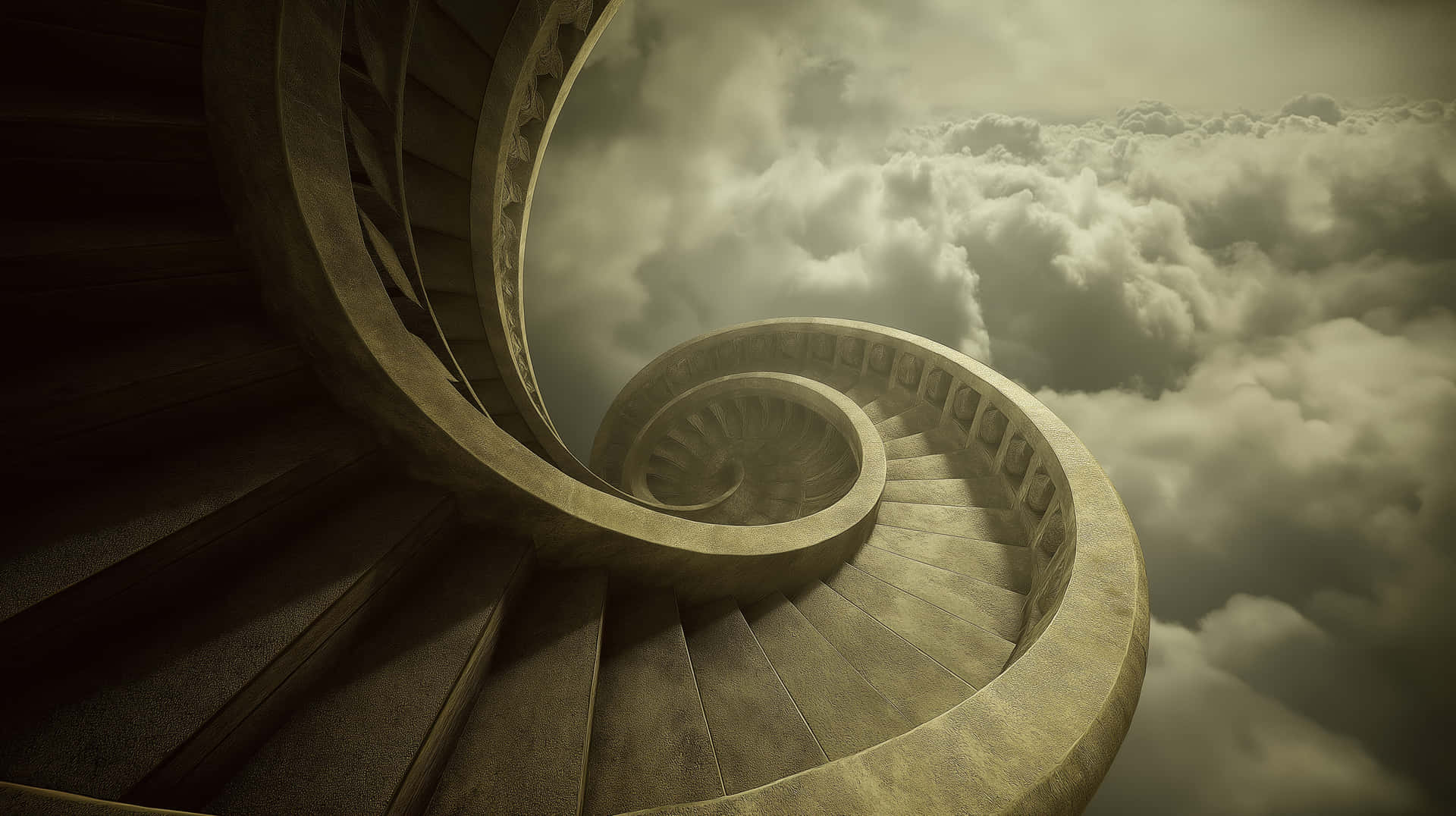 Spiral Stone Staircase Disappearing into Cloudy Sky View 壁紙 — 一個巨大的石螺旋樓梯穿過旋轉的雲層，升向朦朧的天空。
