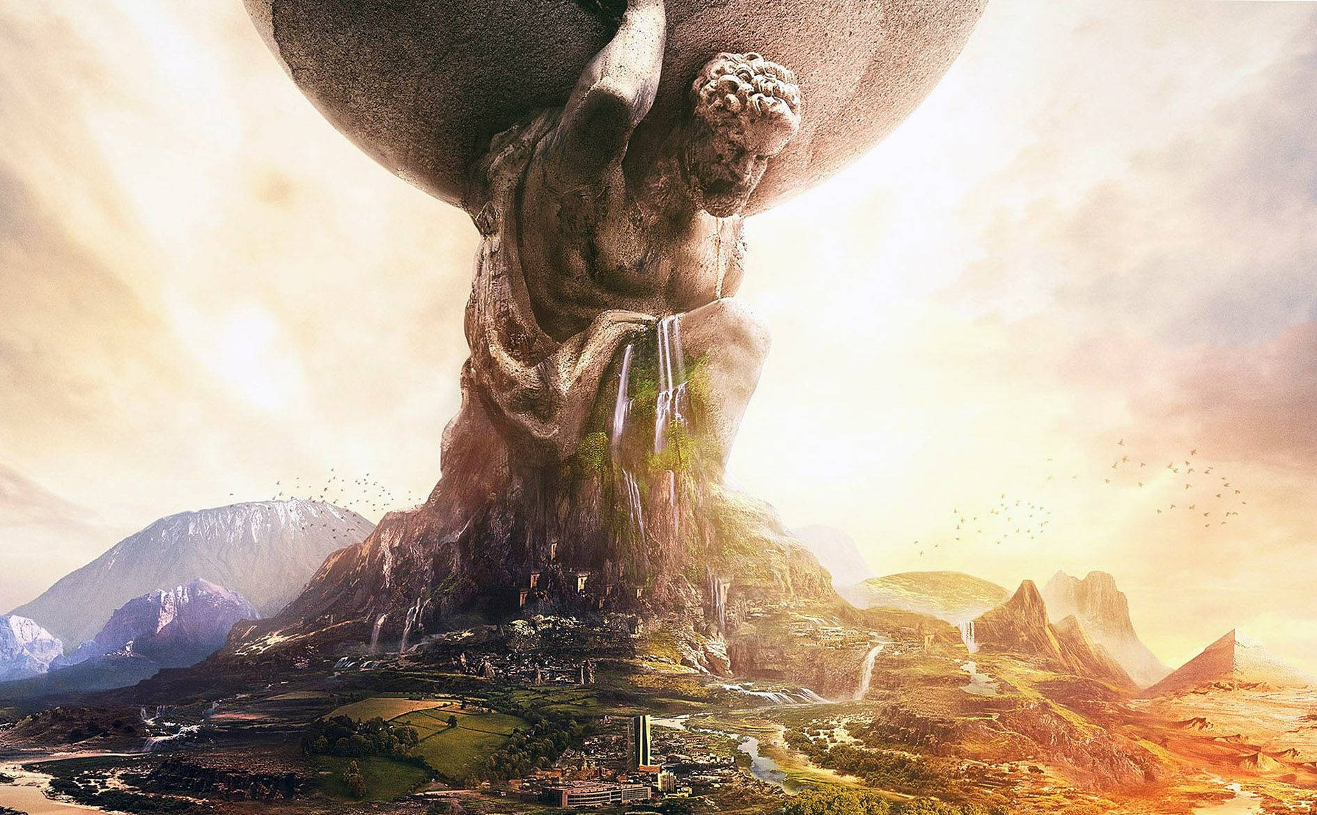 Civilization 桌布 壁紙 — 一個巨大的石頭泰坦在一個龐大的天球下吃力地支撐著，下方是廣闊的山谷，有山脈和城市。