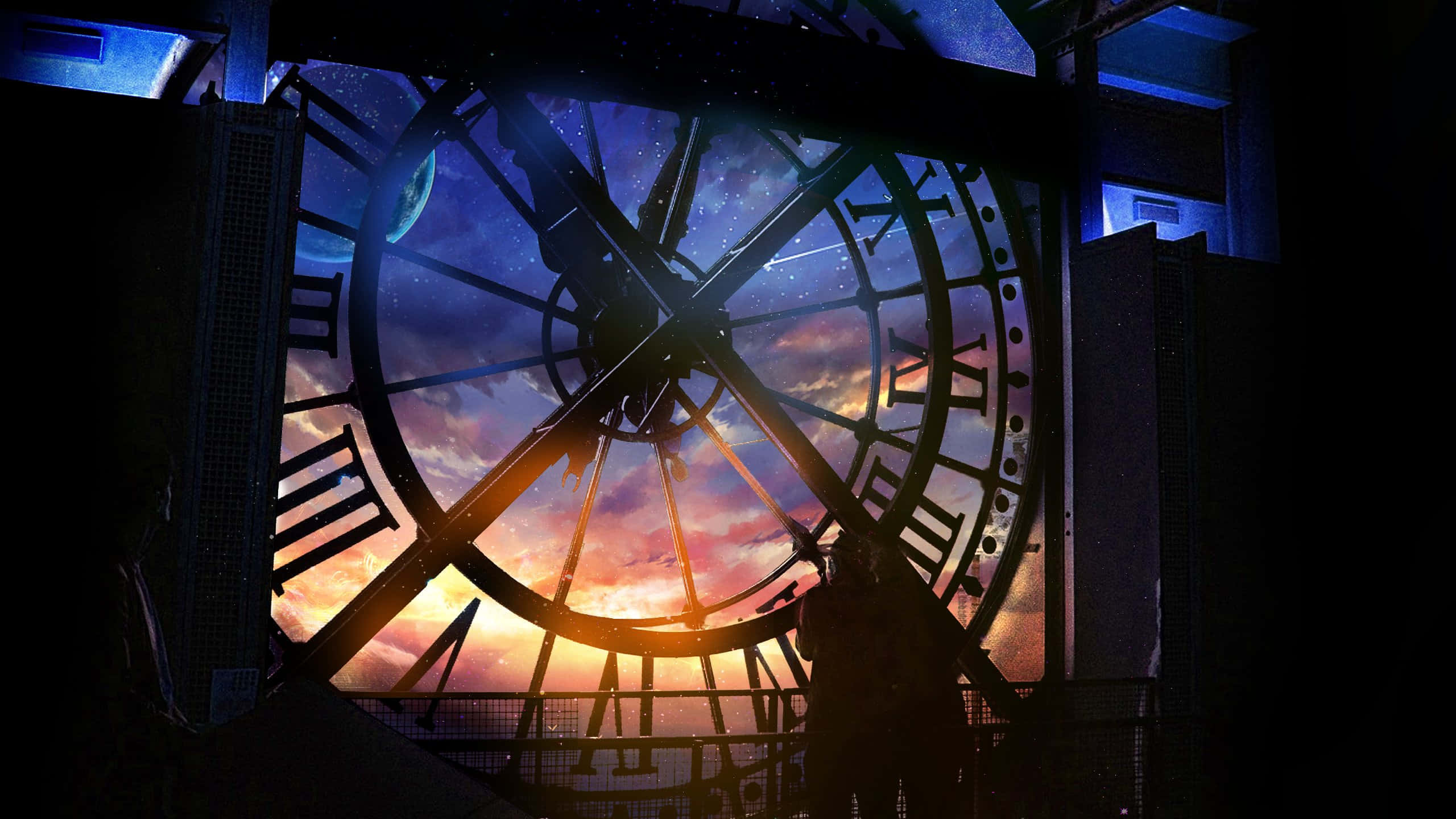 Time 桌布 壁紙 — 一個巨大的破損時鐘框架，在充滿活力的宇宙日落、星星和月亮的襯托下形成剪影。