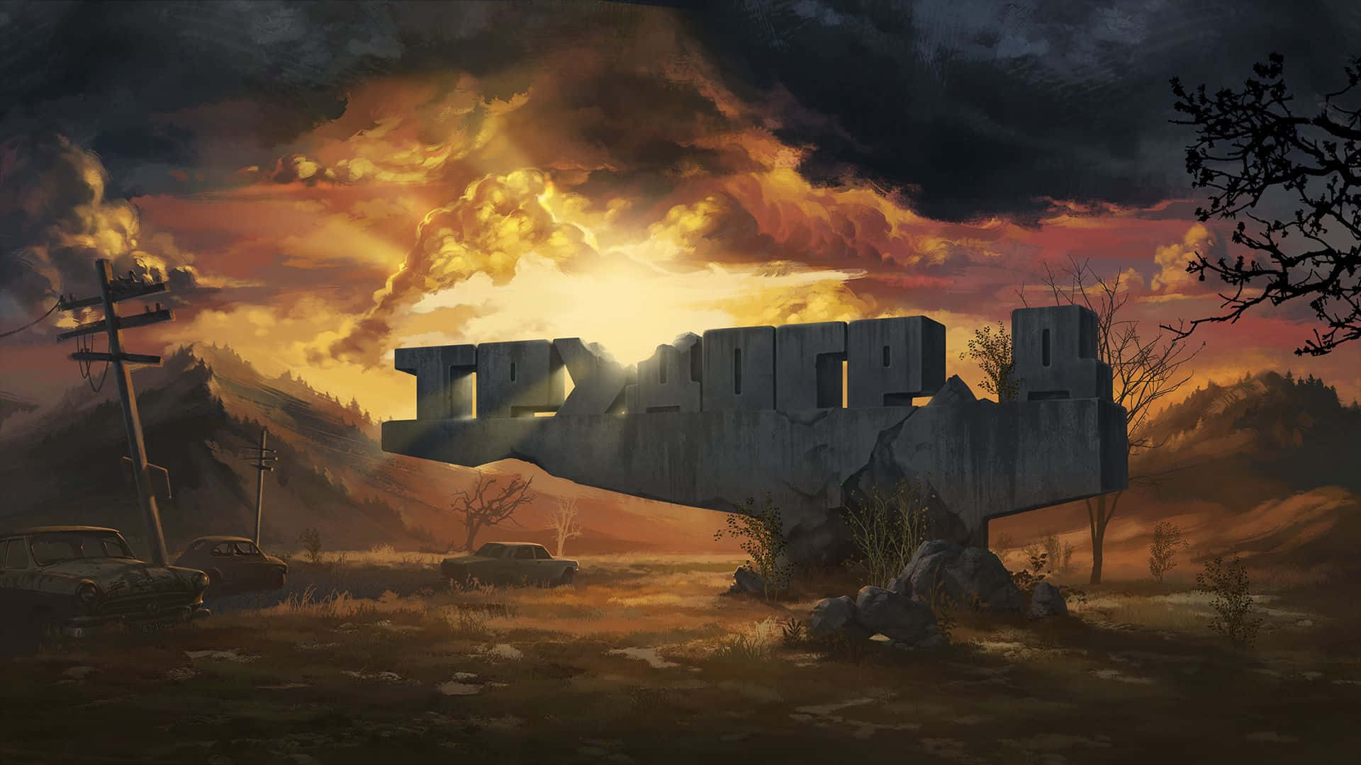 Fallout 4 Wasteland 桌布 壁紙 — 一個巨大的破損混凝土標誌寫著「TEXAS」，在日落時分聳立於荒涼的田野上，周圍有廢棄的汽車和光禿的樹木。