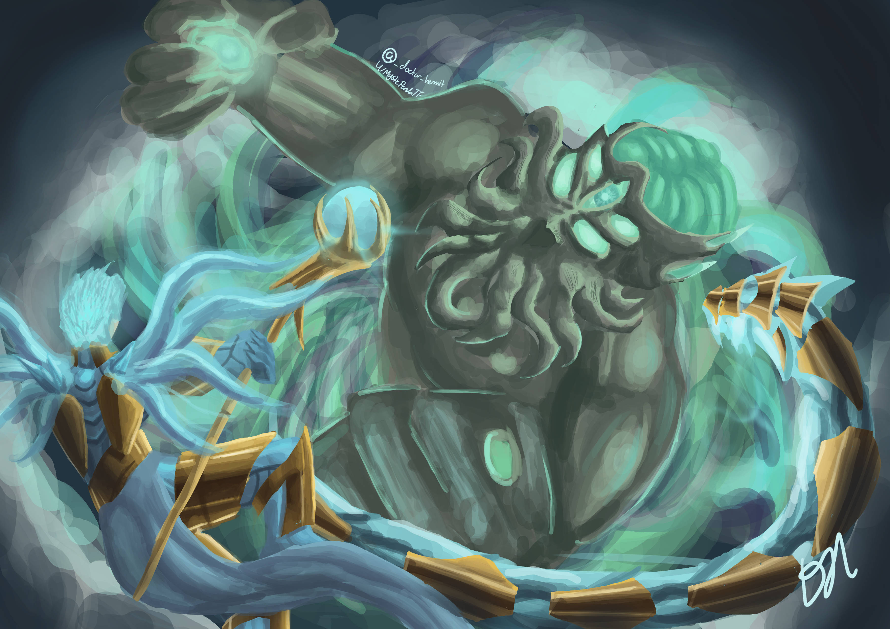 Terraria Moon Lord 桌布 壁紙 — 一個巨大的章魚狀生物，擁有發光的藍綠色眼睛和觸手，在旋轉的水下風暴中與手持三叉戟的裝甲戰士戰鬥。