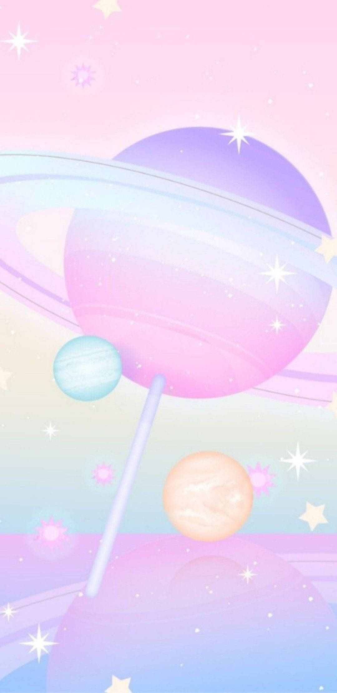  壁紙 — 一個巨大的粉彩棒棒糖，形狀像帶有光環的行星，在夢幻的星空中小行星環繞漂浮。