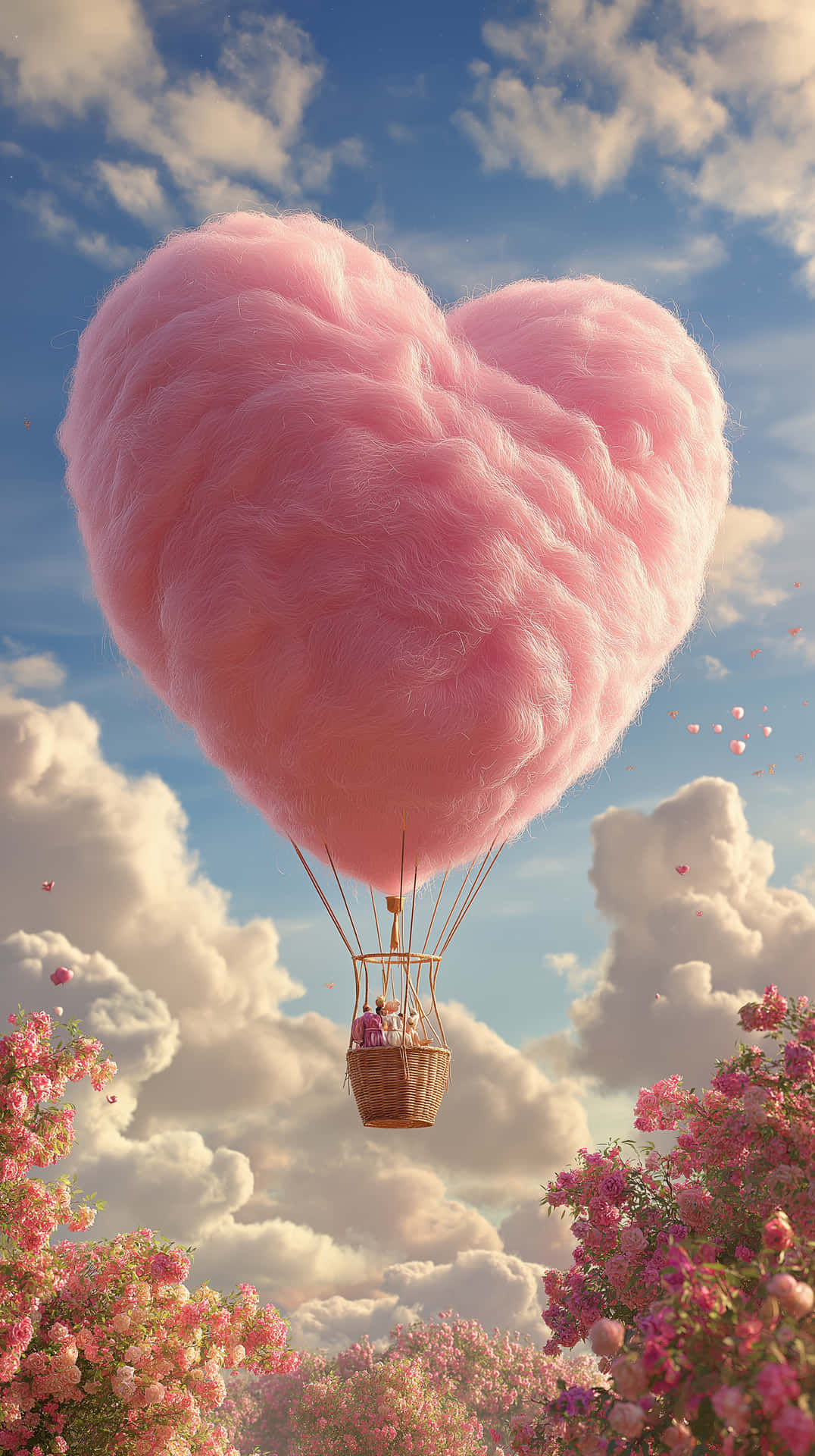 A pink heart-shaped balloon in the shape of cotton 壁紙 — 一個巨大的粉紅色棉花糖心形氣球漂浮在粉紅色花田上方，藍天白雲。