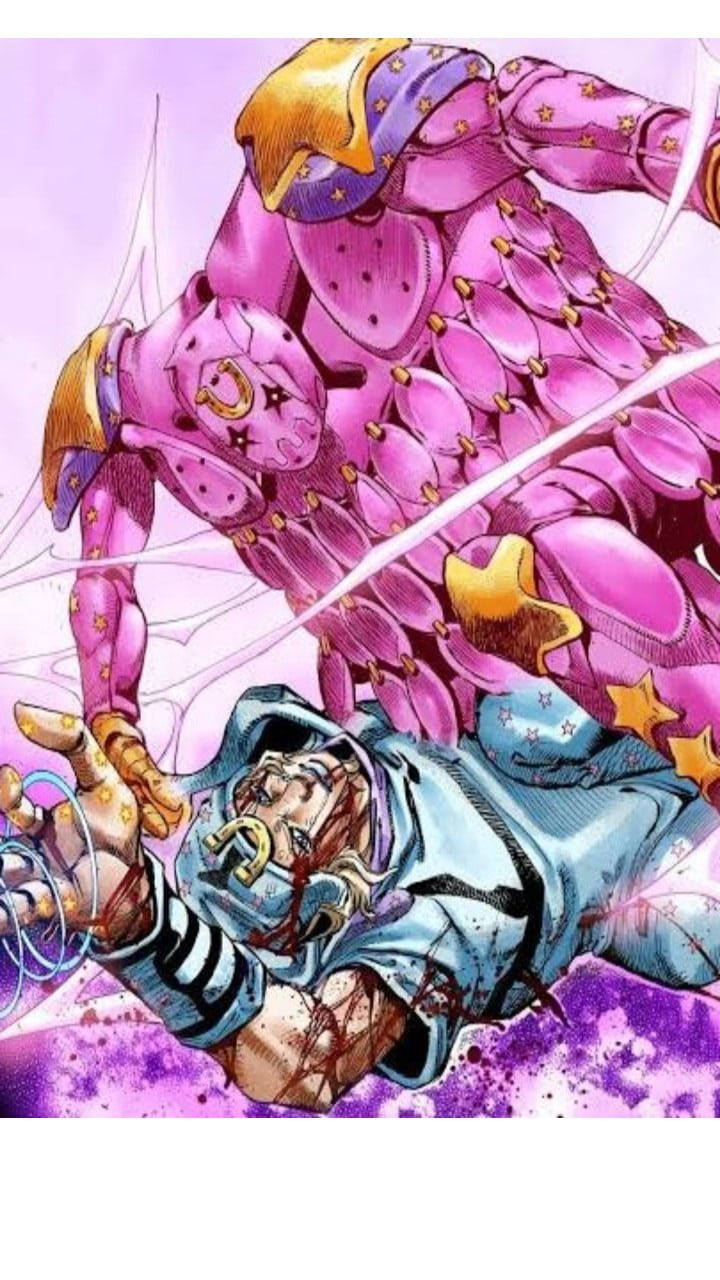 Johnny Joestar 桌布 壁紙 — 一個巨大的粉紅色裝甲生物，帶有金色點綴，在紫色能量爆發中俯視著一個受傷的藍衣人物。