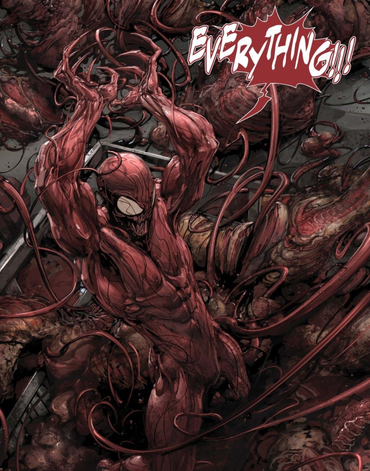 Carnage USA 桌布 壁紙 — 一個巨大的紅色共生體蜘蛛人在黑暗血腥的背景中咆哮，觸手從他的身體噴出。