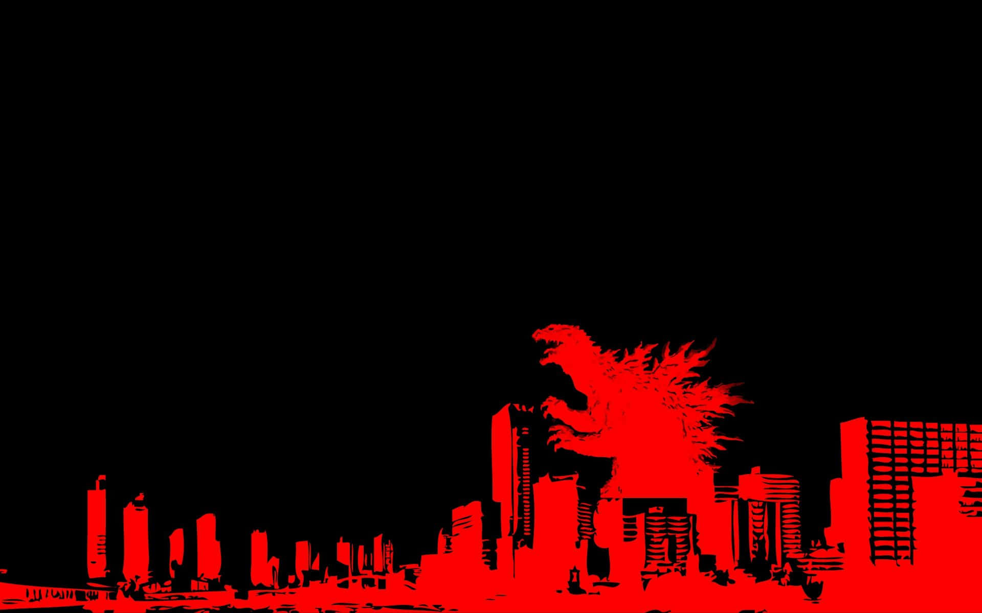 Godzilla 2014 桌布 壁紙 — 一個巨大的紅色哥吉拉剪影聳立在紅色城市天際線上，背景為黑色。