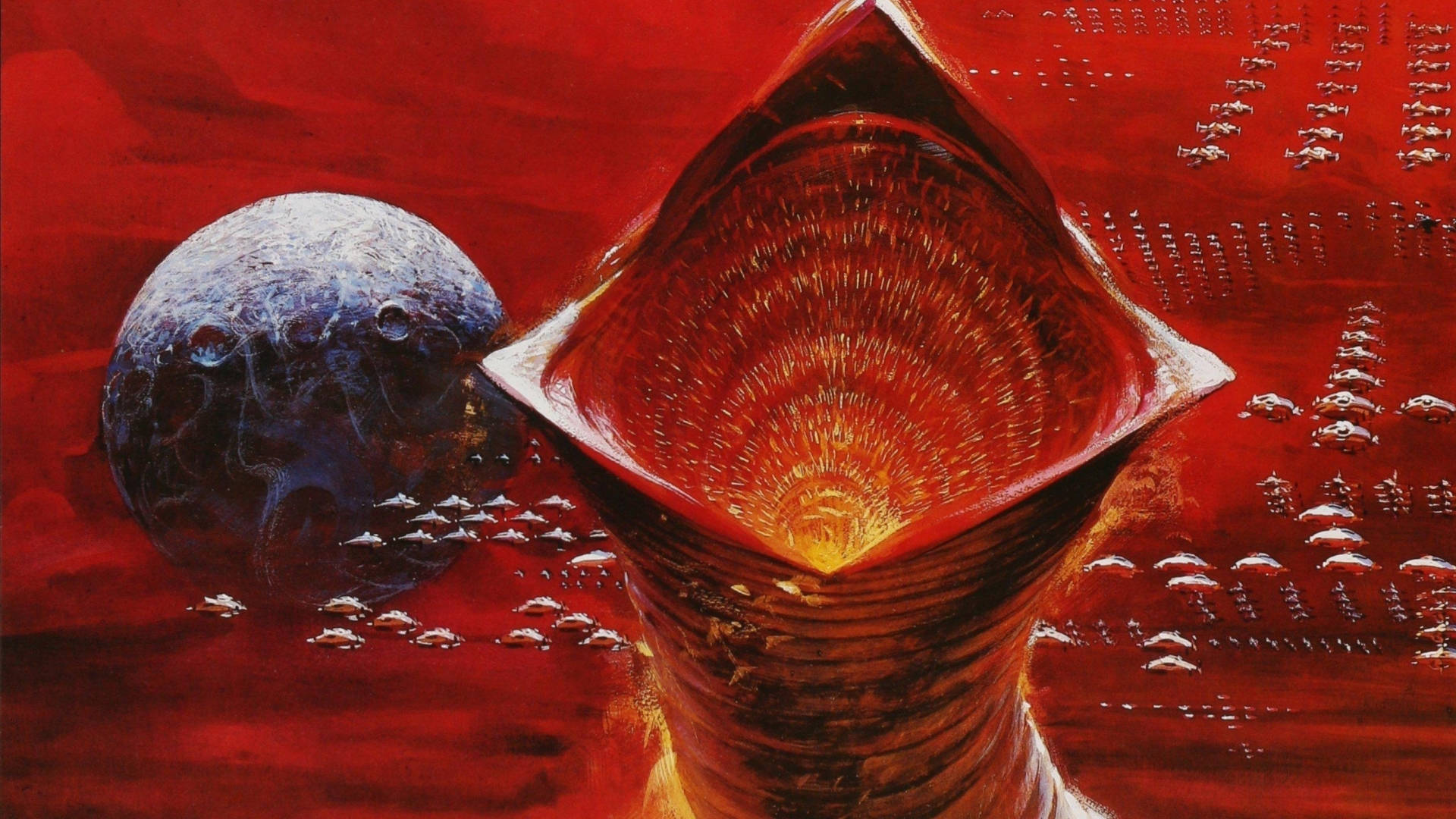 Dune 桌布 壁紙 — 一個巨大的紅色外星人嘴巴張開，露出發光的牙齒，映襯著血紅色的天空，小型太空船正從附近的藍色行星逃離。