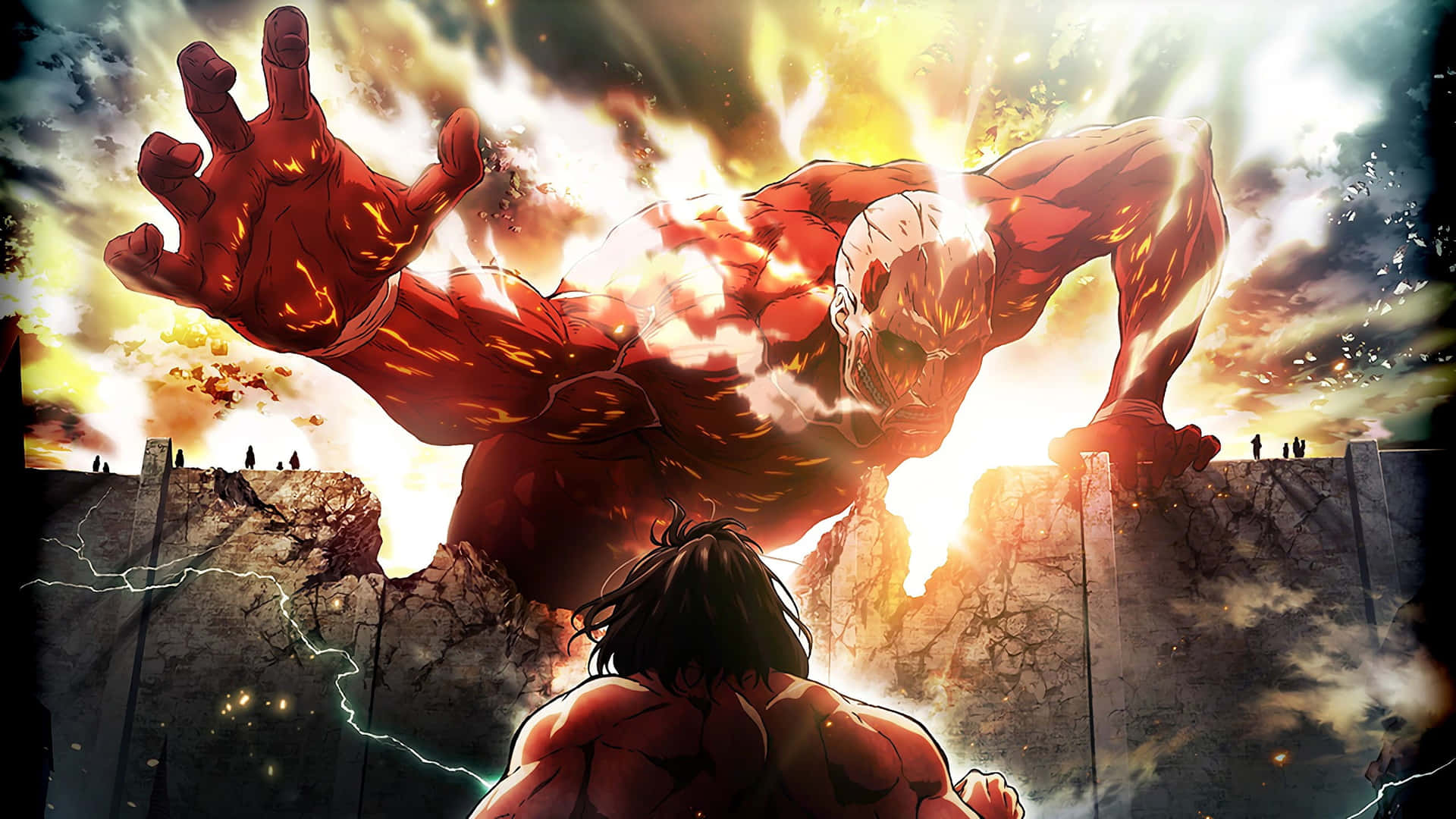 Titan Shifters 桌布 壁紙 — 一個巨大的紅色泰坦向前猛衝，拳頭發光，一個小人影在下方挑釁地站立，背景是火熱的天空。