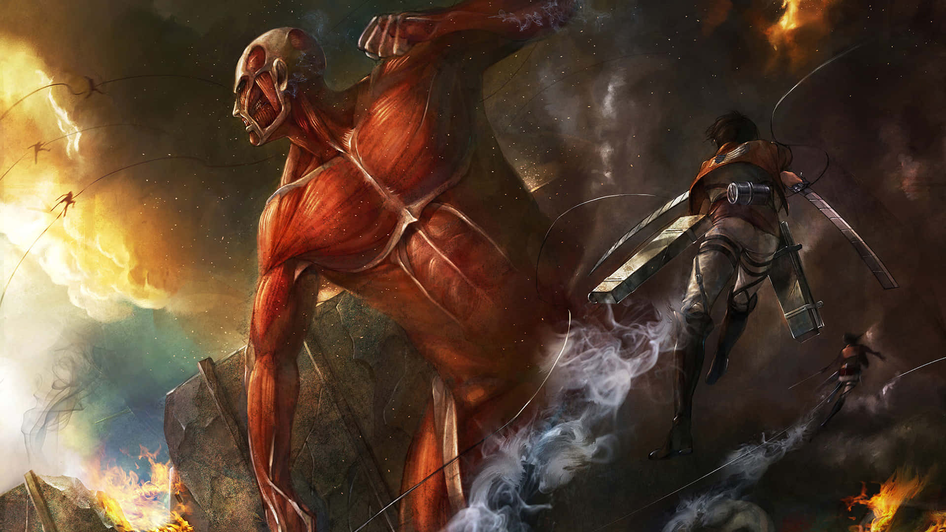Attack On Titan Video Game 桌布 壁紙 — 一個巨大的紅色皮膚巨人咆哮，一名裝備齊全的士兵在熾熱的爆炸和煙霧中向它躍去。
