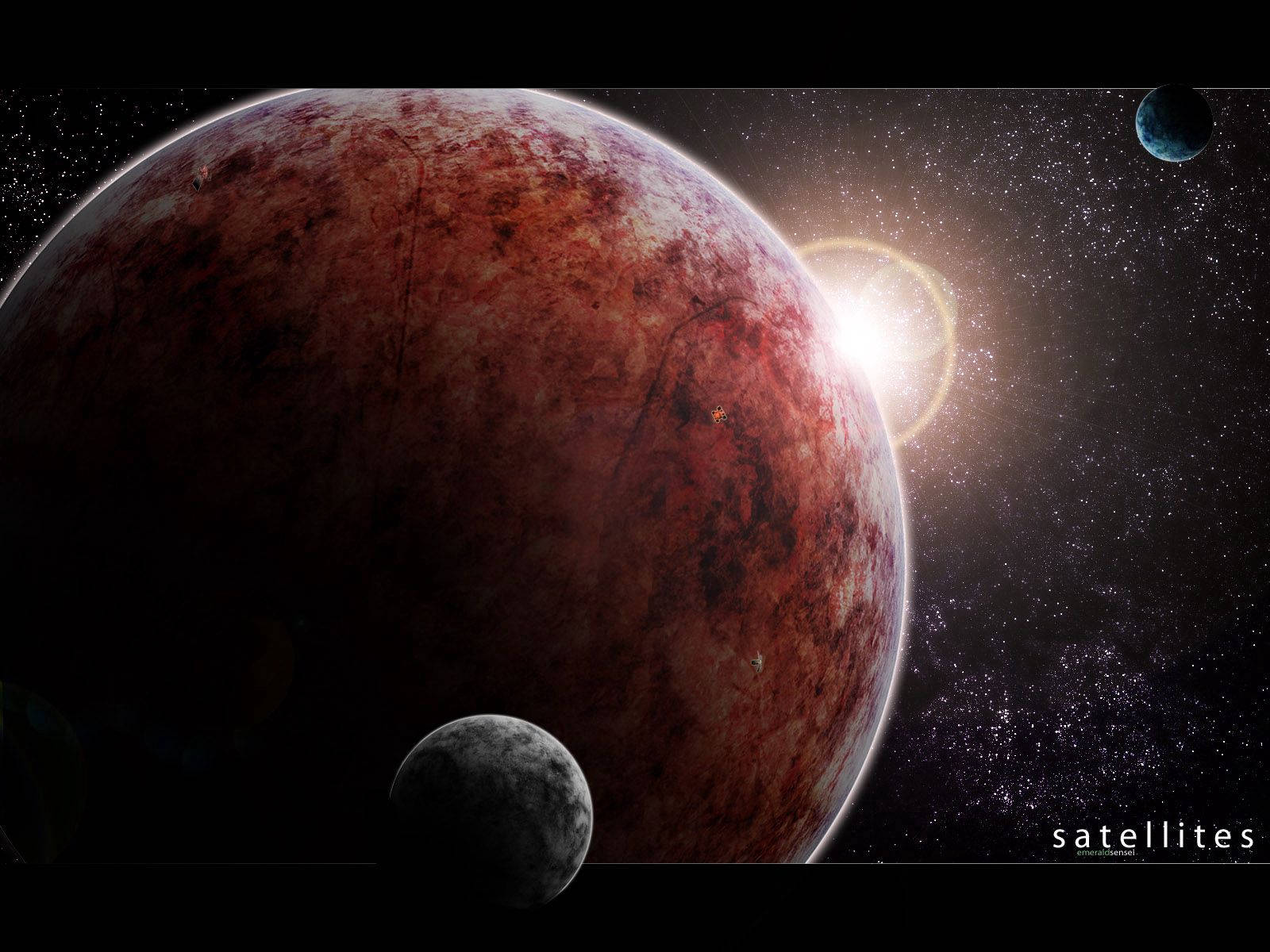 火星 桌布 壁紙 — 一個巨大的紅色行星主宰著星光燦爛的宇宙，帶有發光的太陽耀斑和軌道衛星。