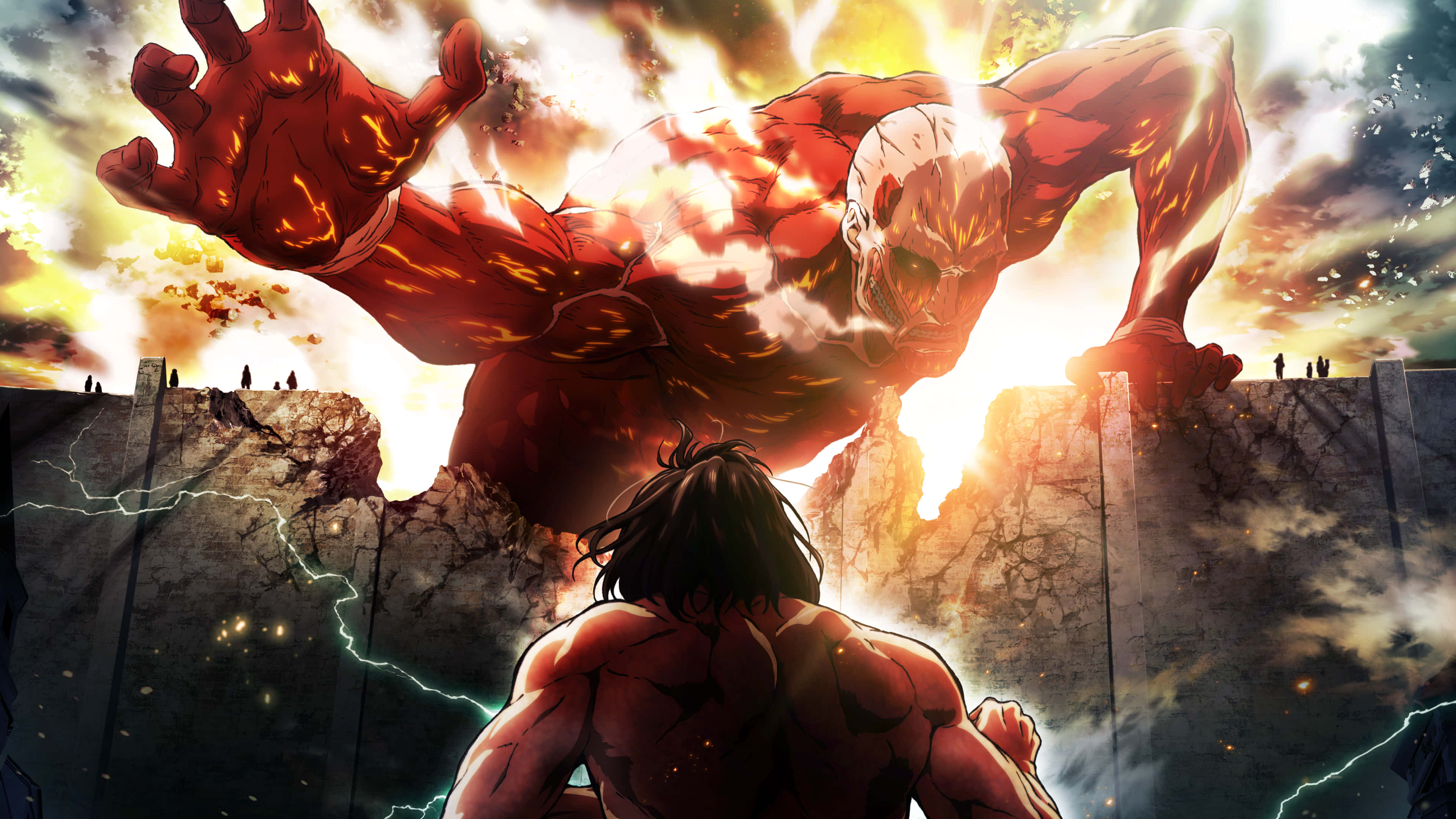 Great Titan War 桌布 壁紙 — 一個巨大的紅色裝甲巨人向前猛衝，拳頭發光，而一個肌肉發達的戰士在閃電和崩塌的牆壁中從下方與之對抗。