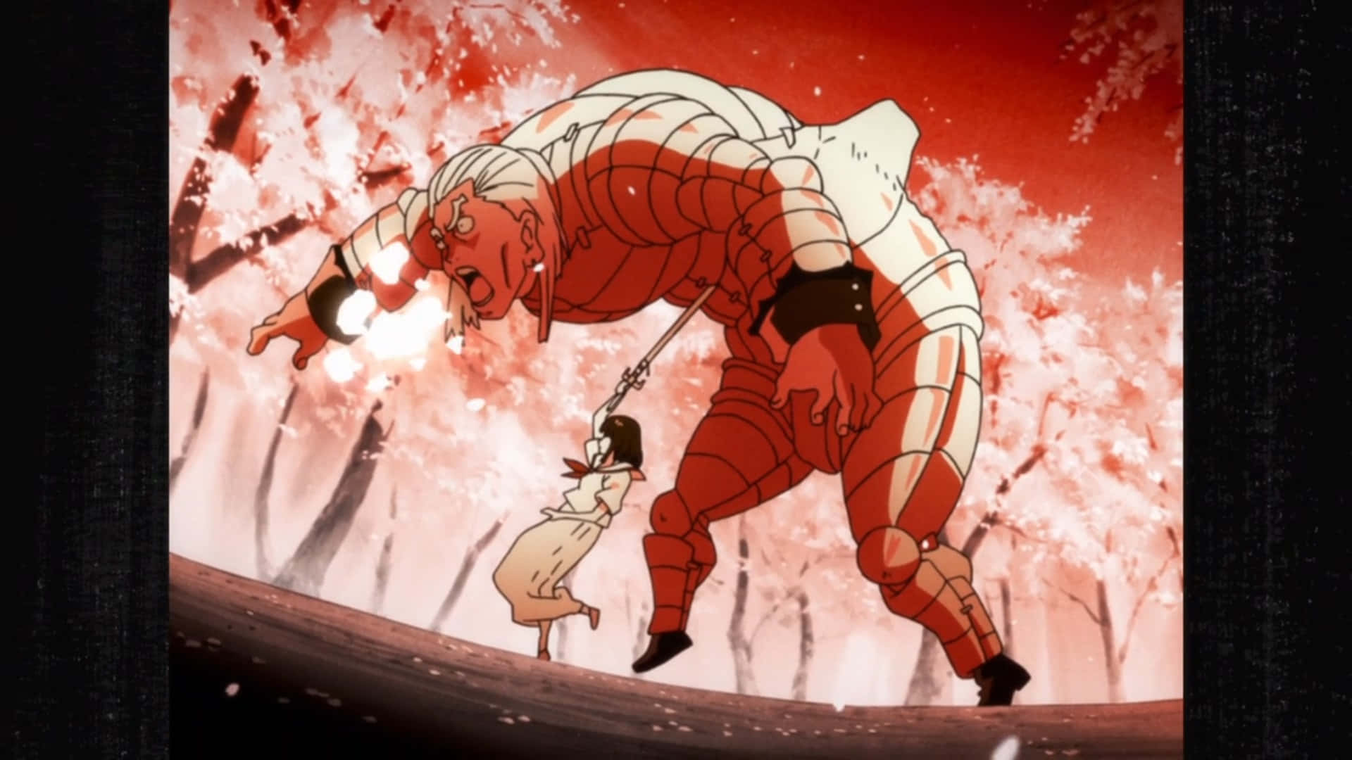 Ira Gamagoori 桌布 壁紙 — 一個巨大的紅色裝甲戰士在血紅色的天空下，於櫻花林中撲向一個小女孩。