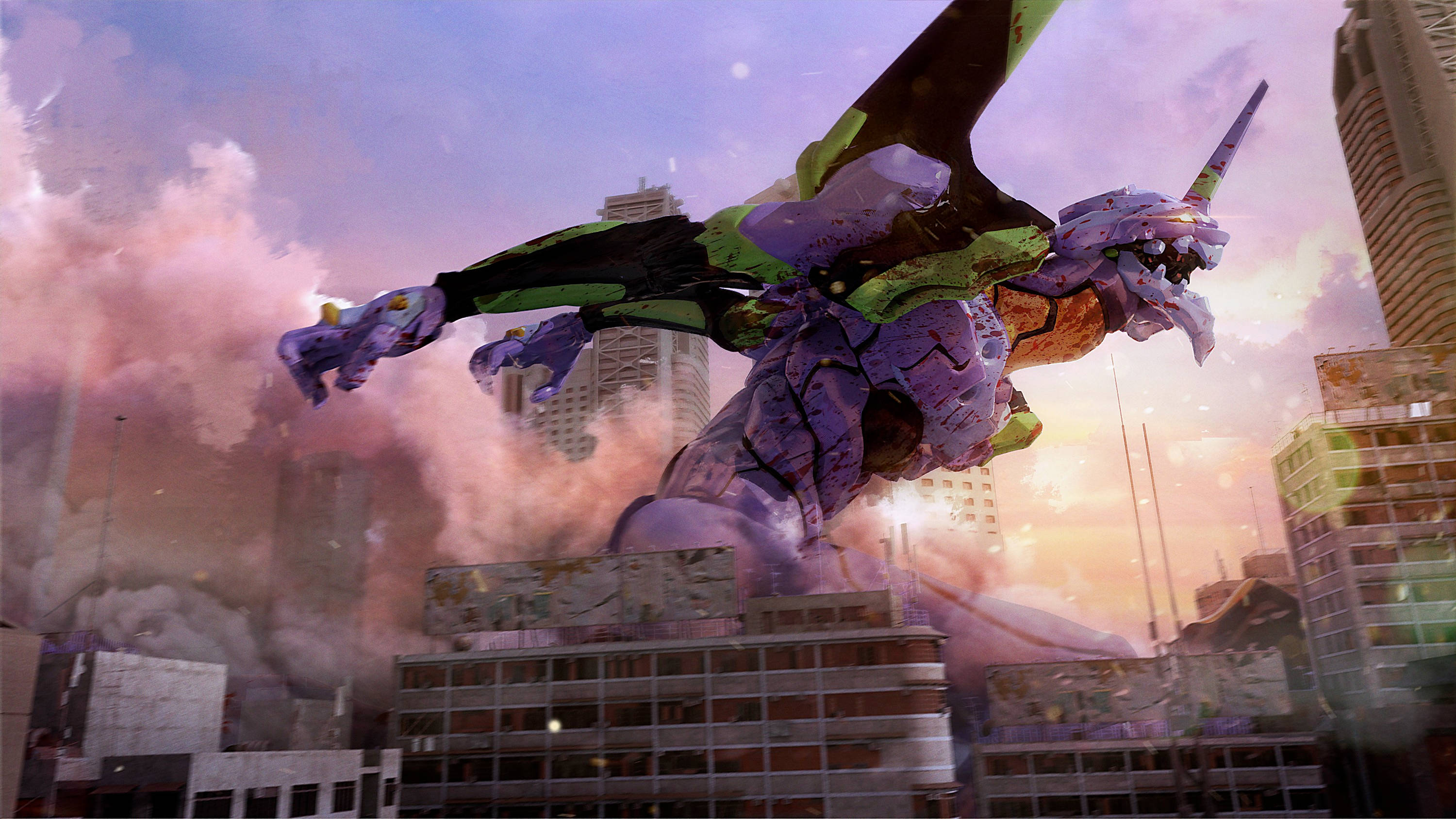 evangelion 4K 桌布 壁紙 — 一個巨大的紫色和綠色生物機械怪物在日落時分衝破城市景觀，煙霧和碎片飛揚。