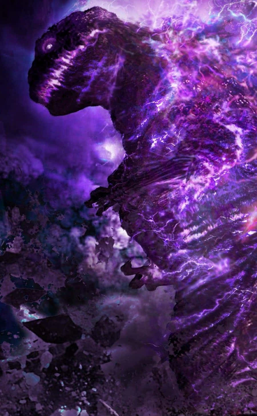 Godzilla Earth 桌布 壁紙 — 一個巨大的紫色能量怪物，伴隨著劈啪作響的閃電，在紫色和藍色星雲的宇宙風暴中咆哮。